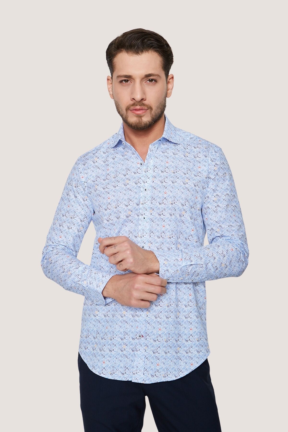Klasik Desenli Slim Fit Gömlek - Beyaz-Lacivert