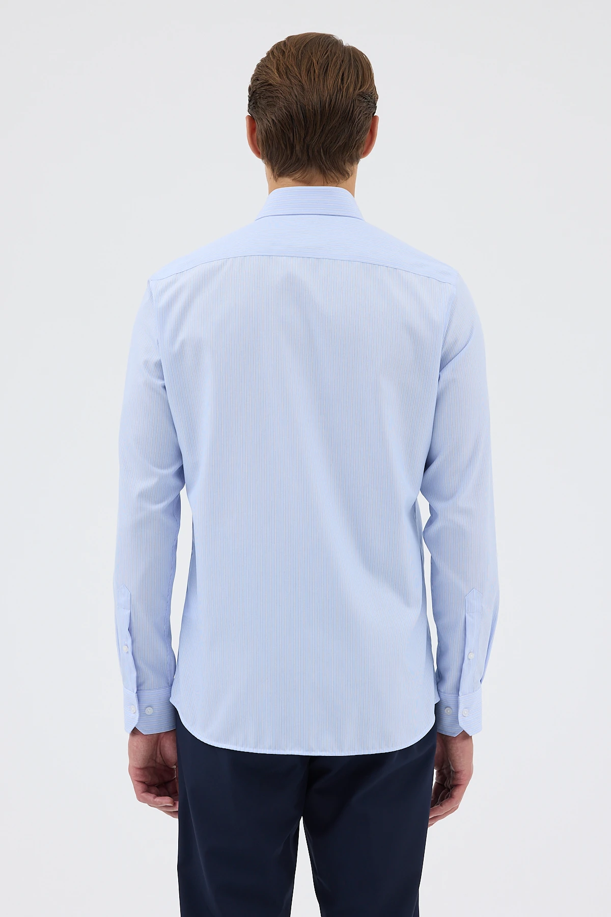 Non Iron Beyaz Lacivert Çizgili %100 Pamuk Comfort Fit Gömlek