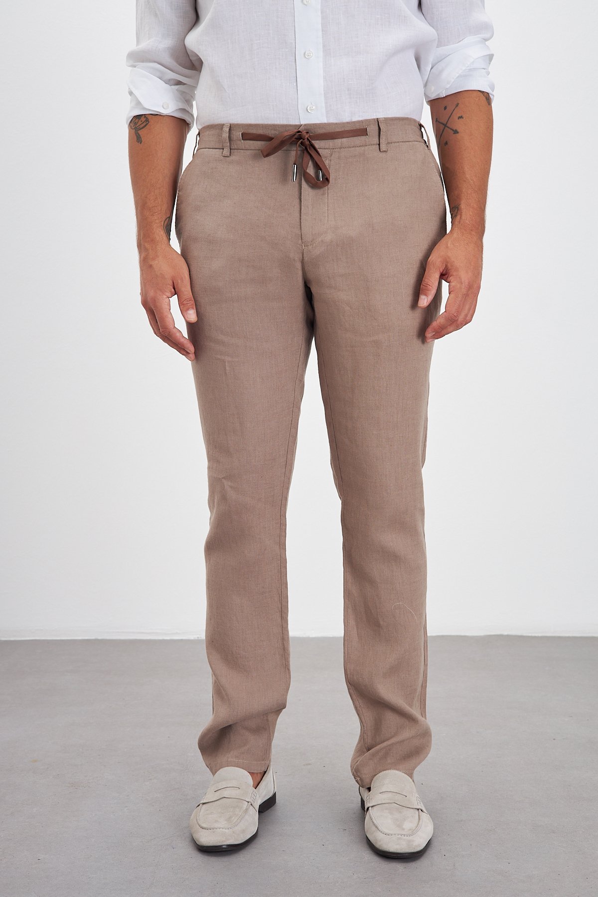 100% Keten Jogger Erkek Pantolon - Bej