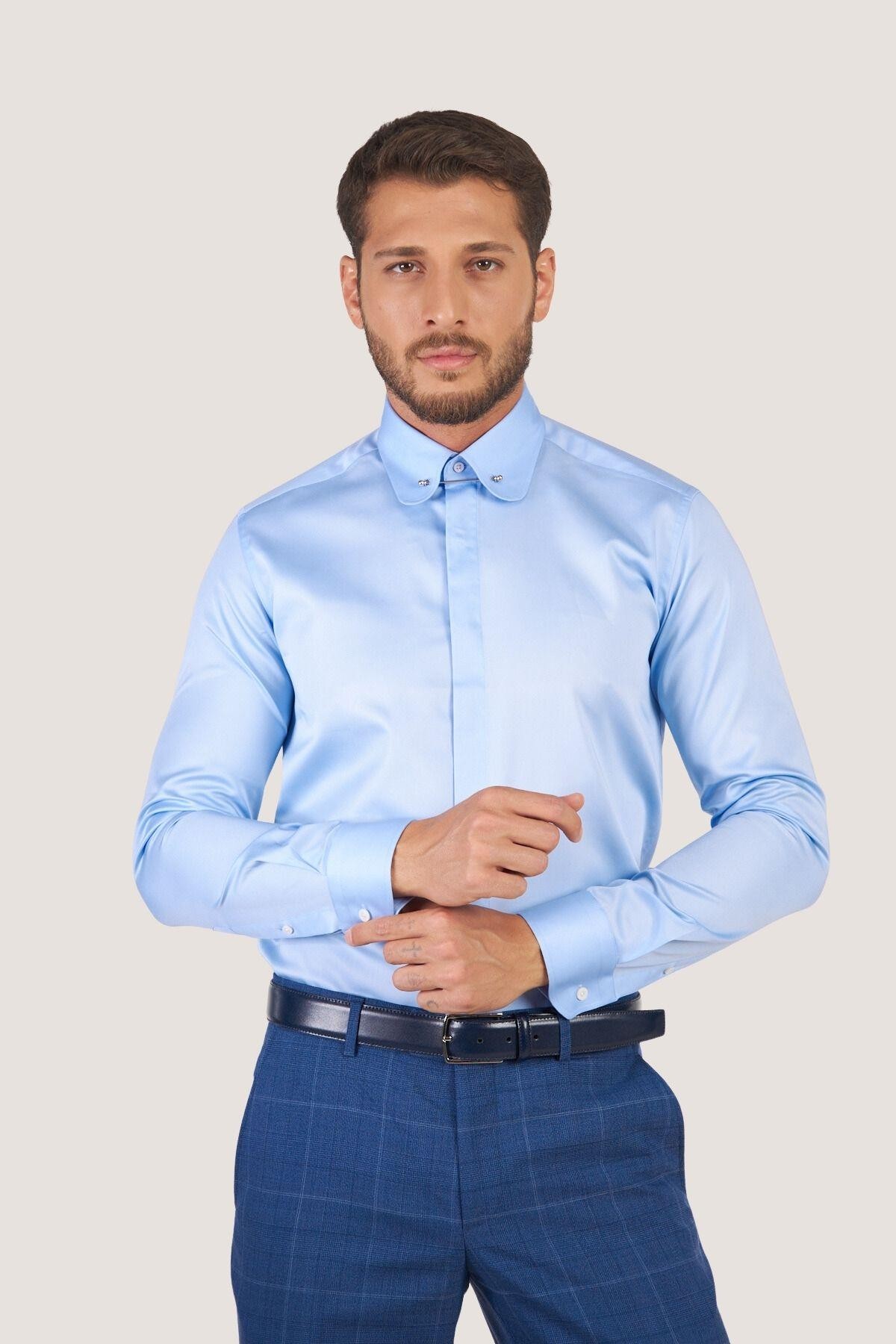 Bebe Yaka İğneli Slim Fit Gömlek - Mavi