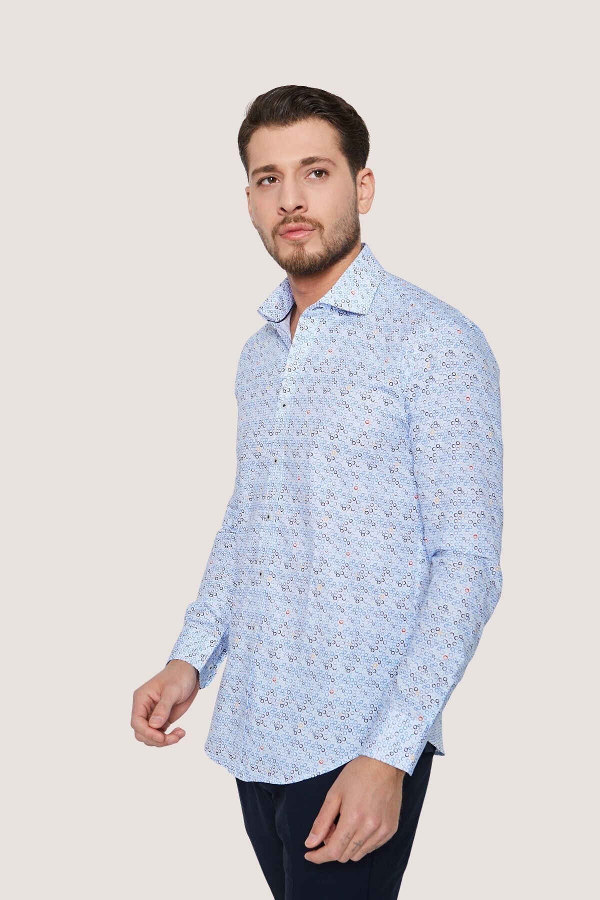 Klasik Desenli Slim Fit Gömlek - Beyaz-Lacivert