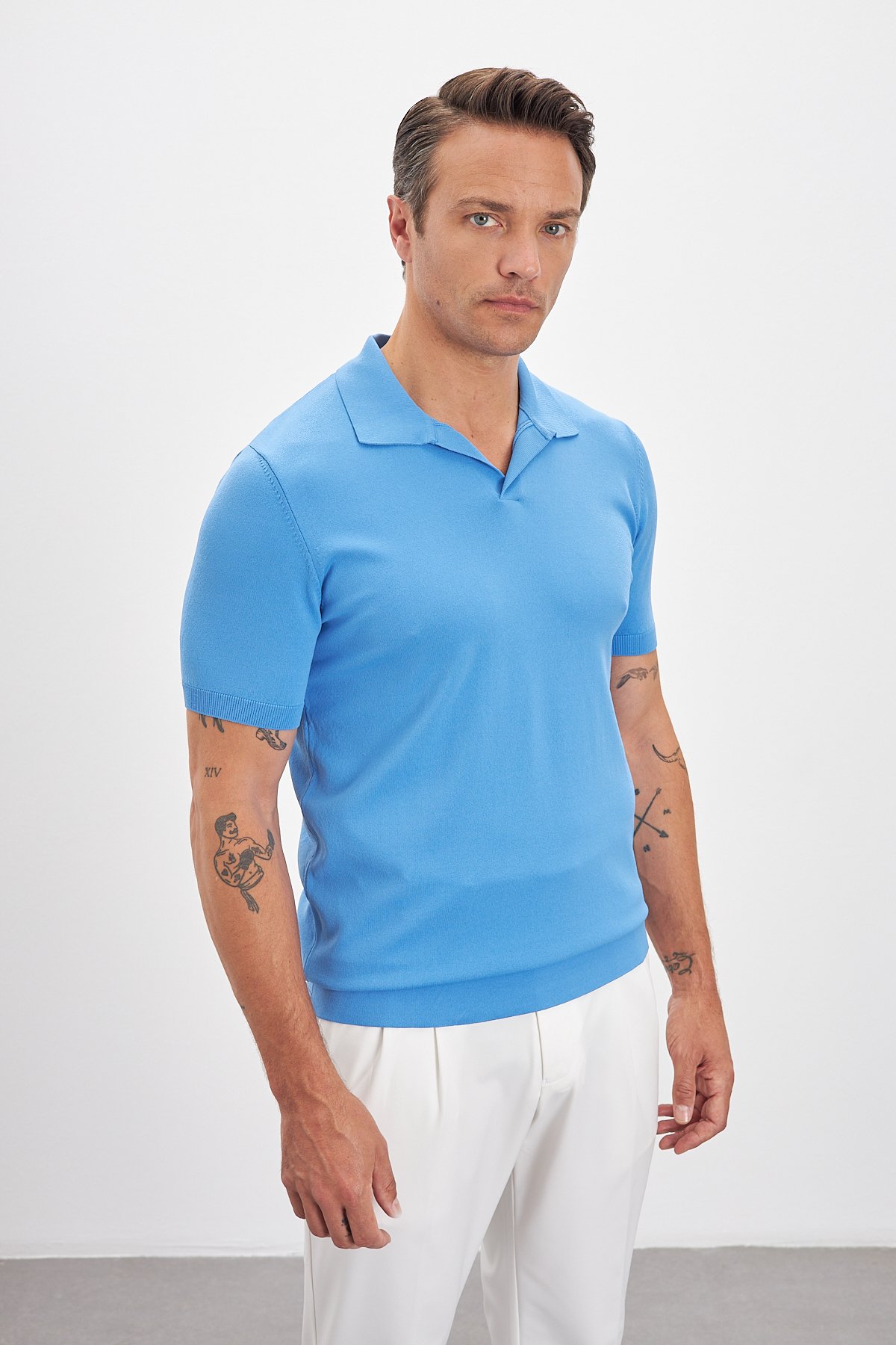 Polo Yaka Patlı Triko Erkek T-Shirt - Mavi