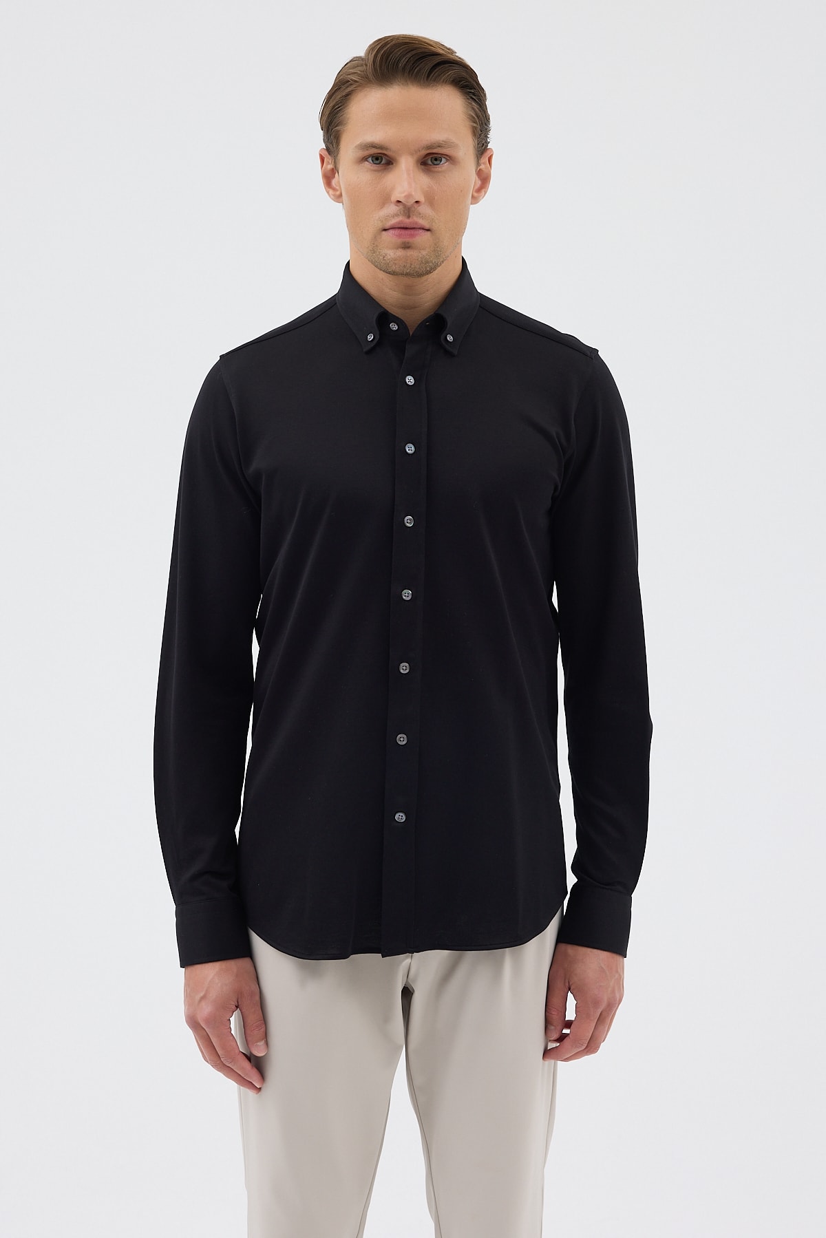 Örme %100 Pamuk Comfort Fit Erkek Gömlek - Siyah
