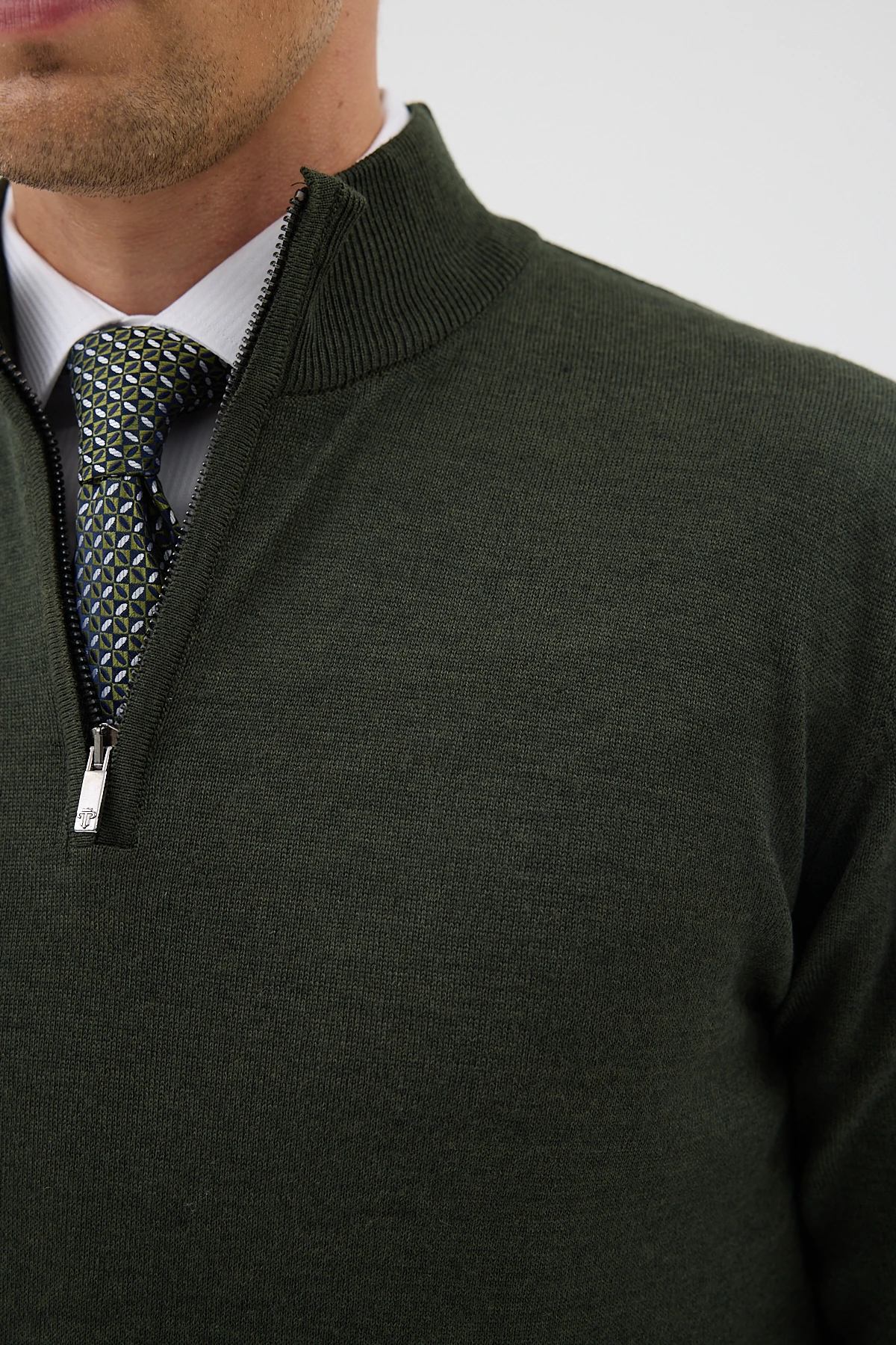 Yarım Balıkçı Fermuarlı Yünlü Triko Kazak - Haki