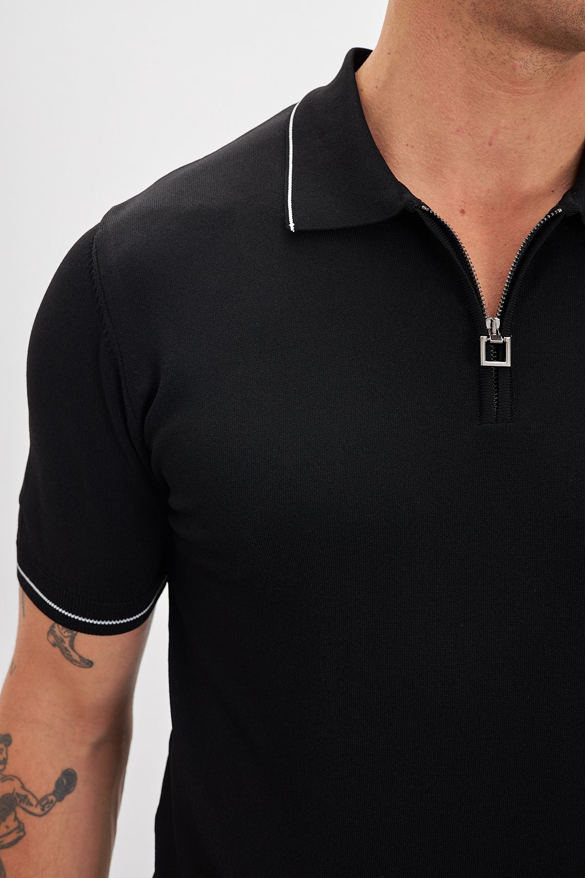 Polo Yaka Fermuarlı Triko Erkek T-Shirt - Siyah