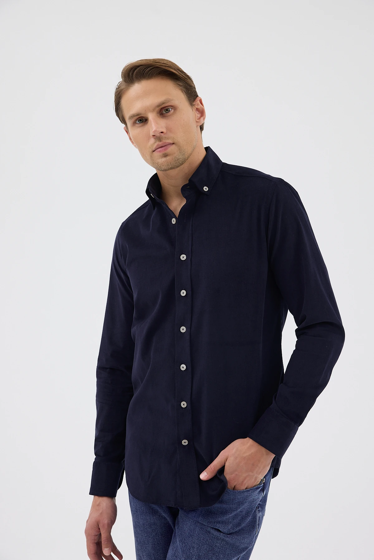 Kadife Yaka Düğmeli %100 Pamuk Comfort Fit Erkek Gömlek - Lacivert