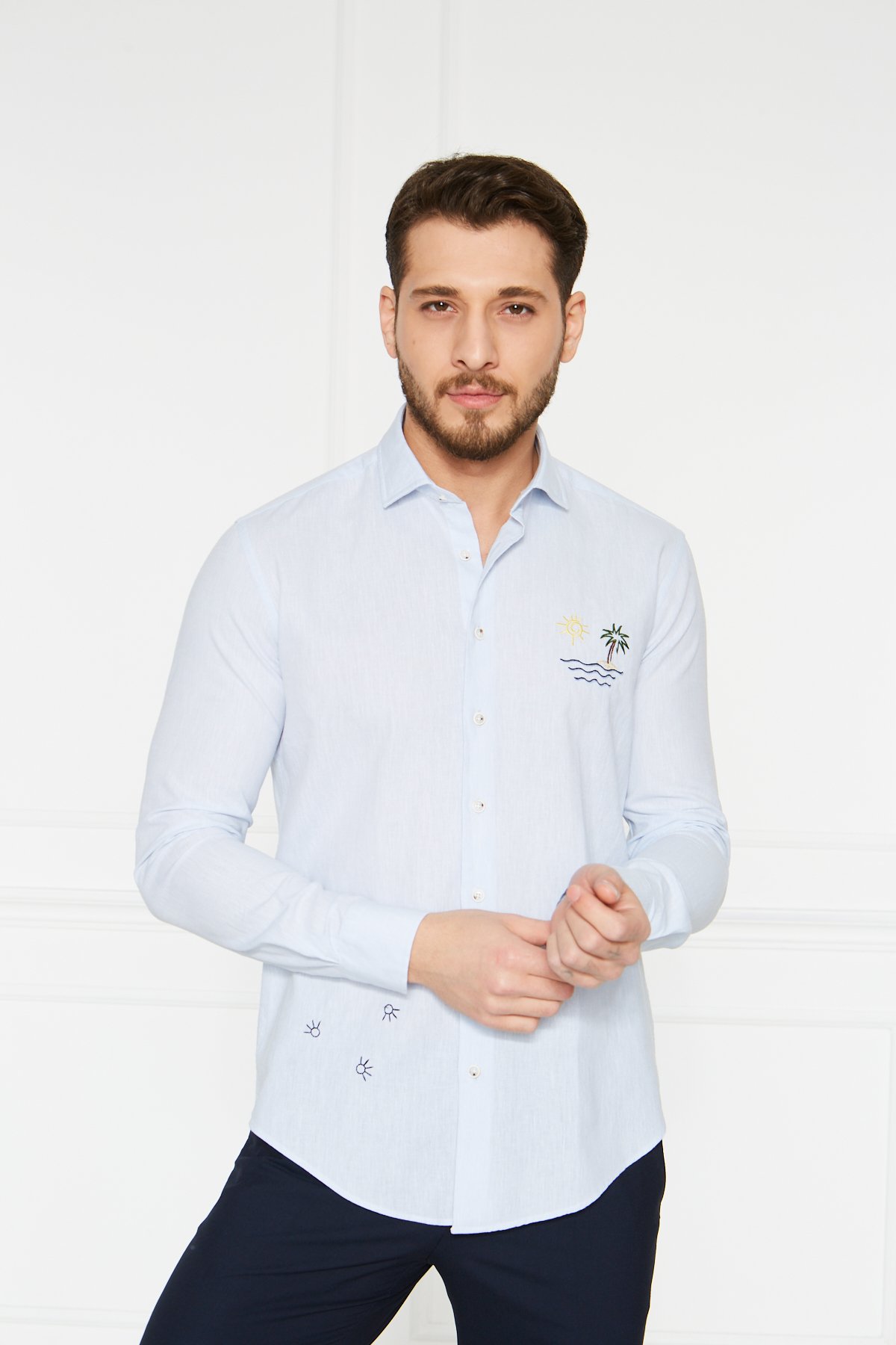 Keten Nakışlı Slim Fit Gömlek - Açık Mavi