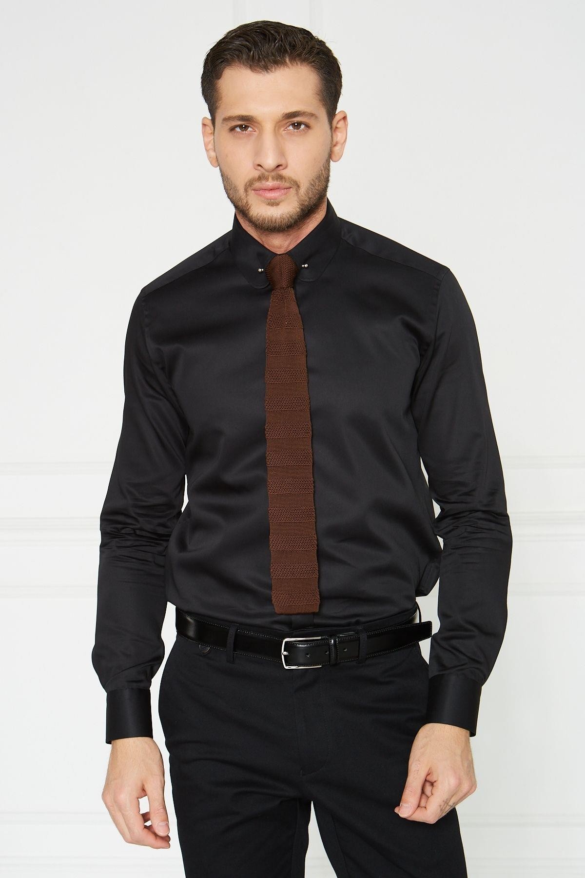 Bebe Yaka İğneli Slim Fit Gömlek - Siyah