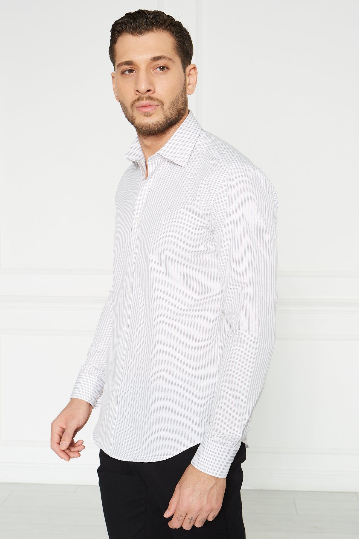 Slim Fit Klasik Gömlek - Beyaz-Kahve