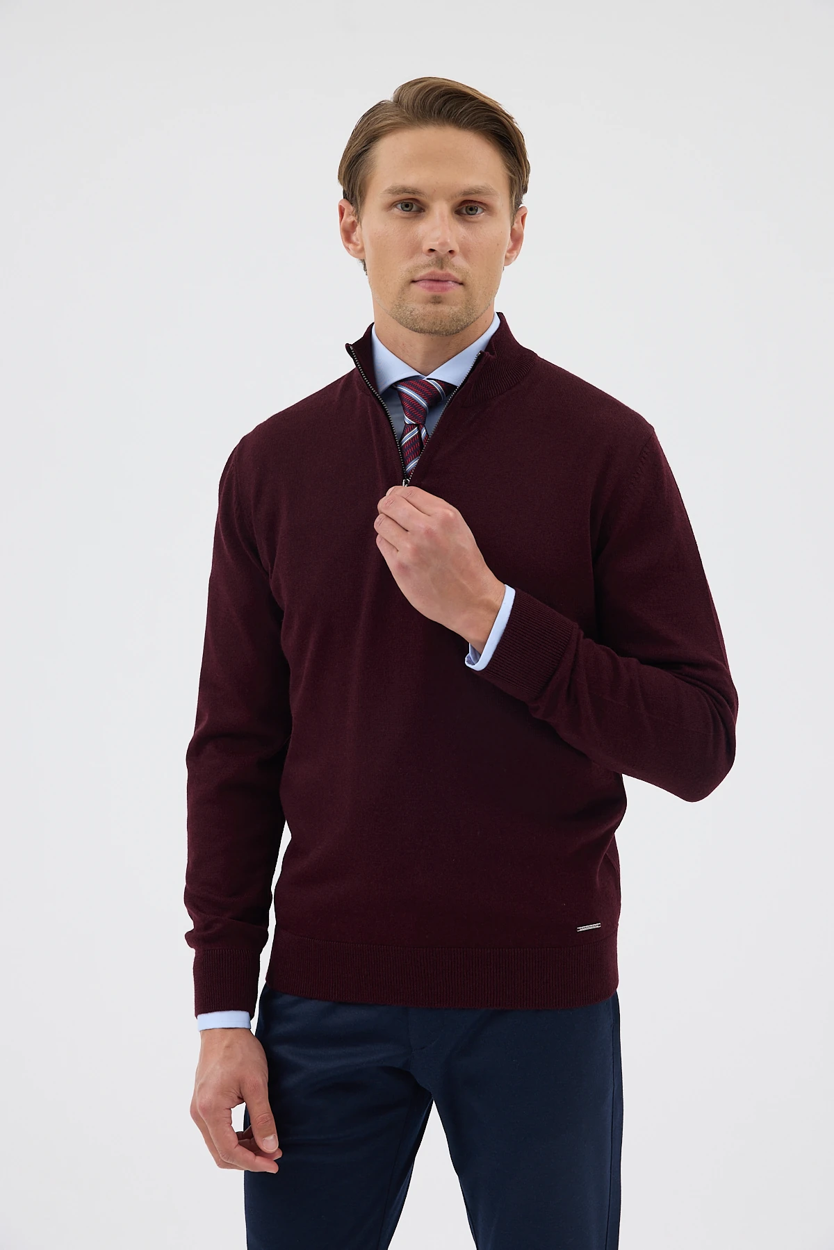 Yarım Balıkçı Fermuarlı Yünlü Triko Kazak - Bordo