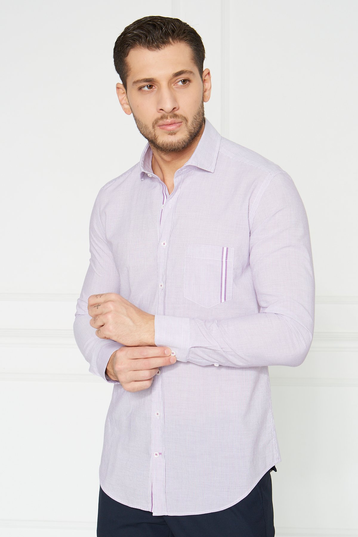Çizgili Slim Fit Casual Gömlek - Mor-Beyaz