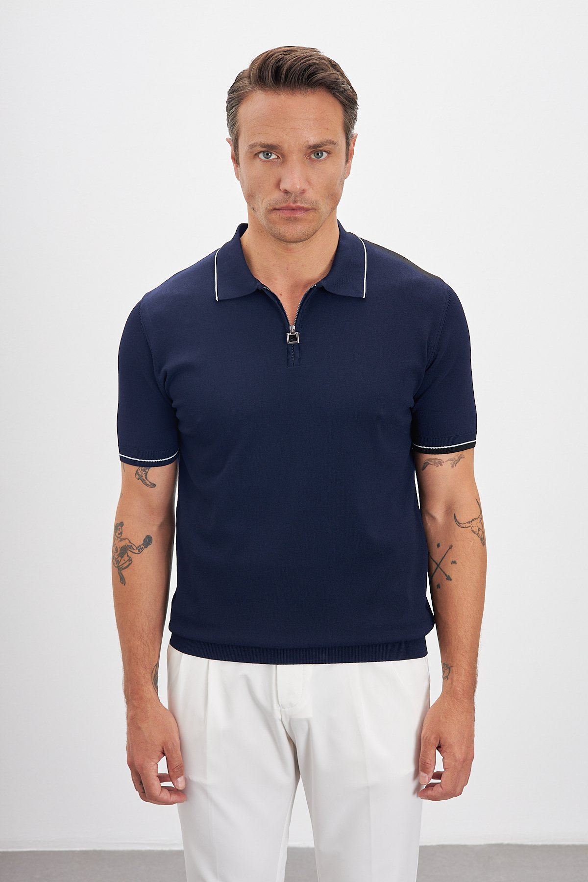 Polo Yaka Fermuarlı Triko Erkek T-Shirt - Lacivert
