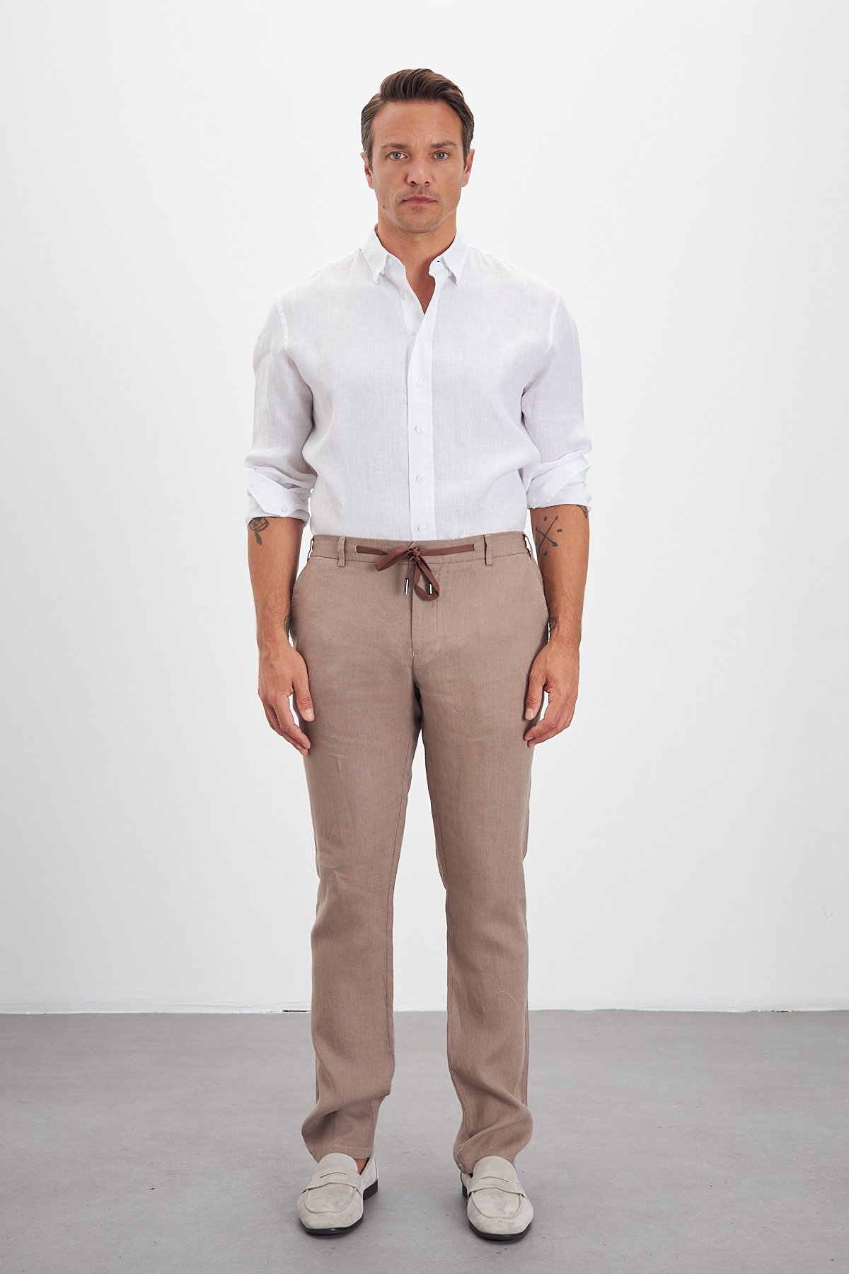 100% Keten Jogger Erkek Pantolon - Bej
