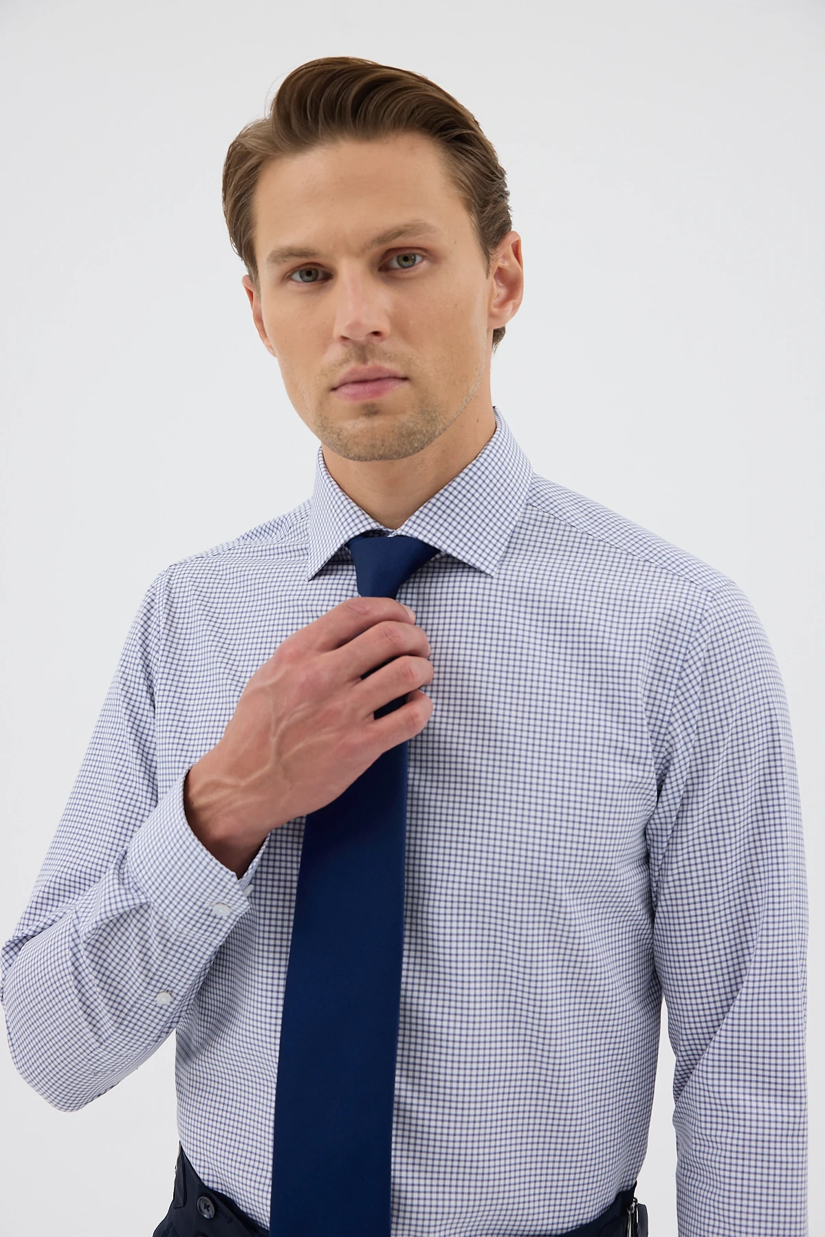 Non Iron Lacivert Ekoseli %100 Pamuk Comfort Fit Gömlek