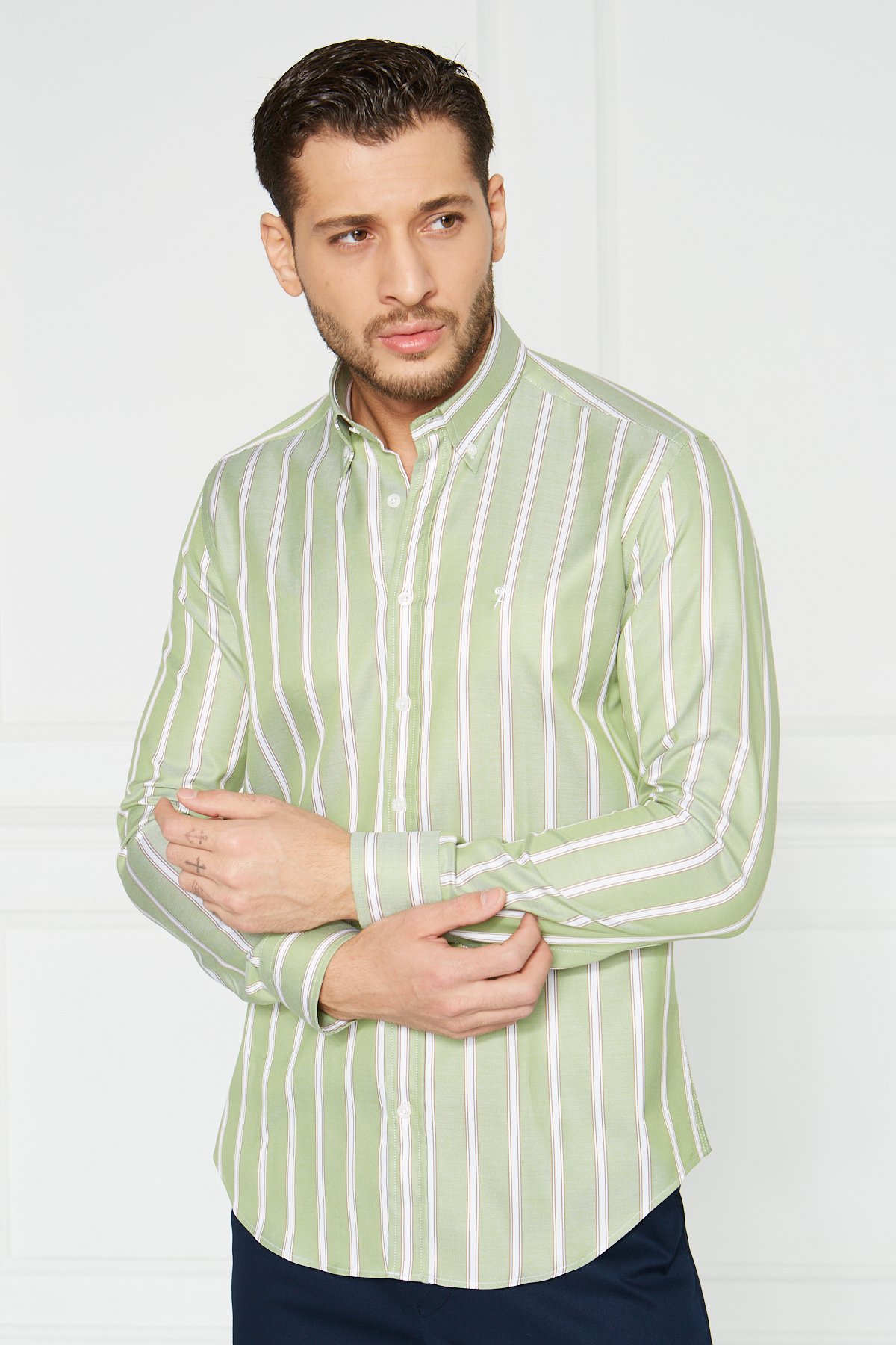 Yaka Düğmeli Slim Fit Klasik Gömlek - Yeşil-Beyaz