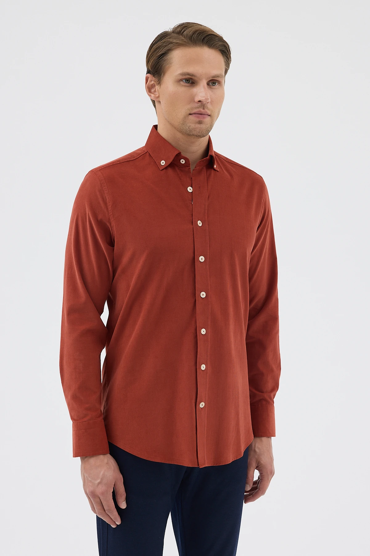 Kadife Yaka Düğmeli %100 Pamuk Comfort Fit Erkek Gömlek - Kiremit