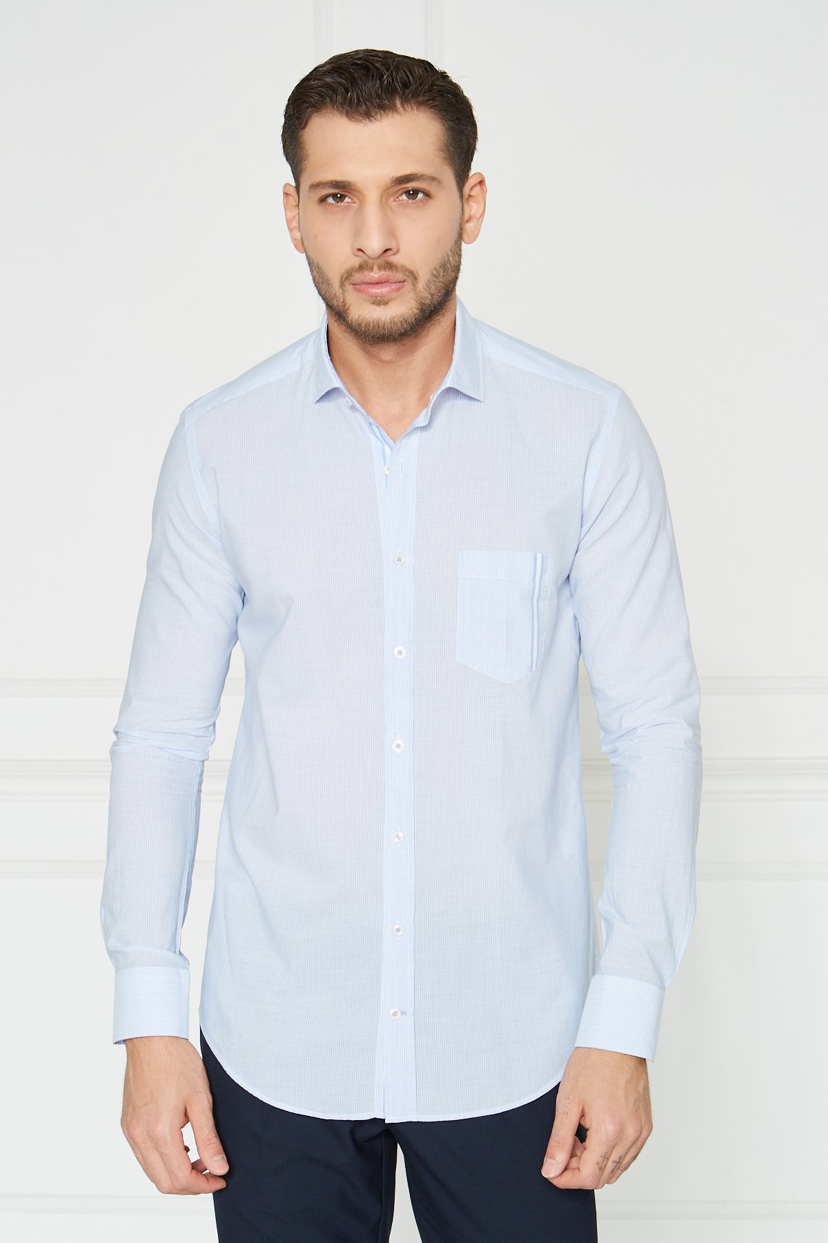 Çizgili Slim Fit Casual Gömlek - Mavi-Beyaz