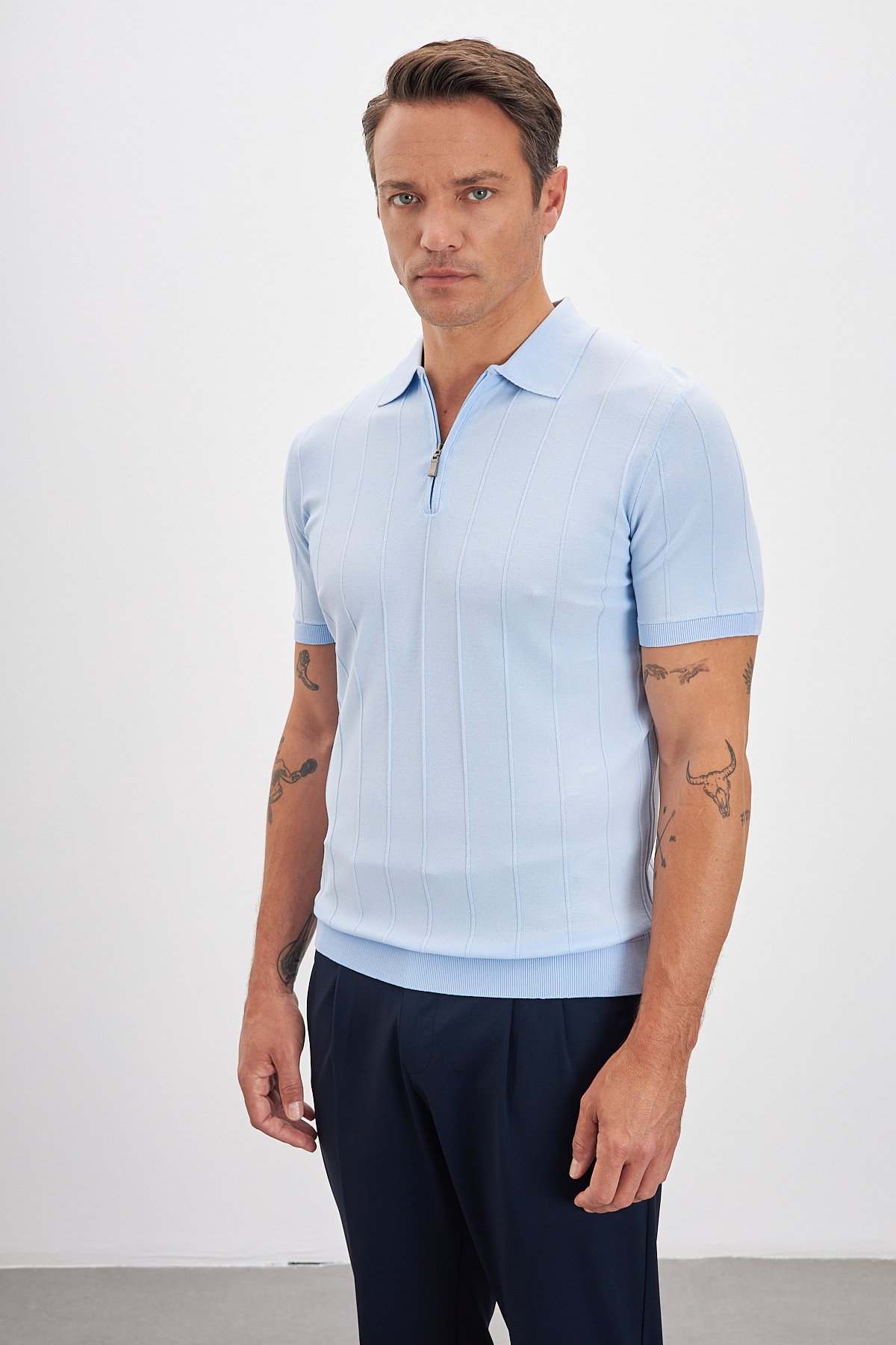 Fermuarlı Polo Yaka Çizgi Desenli Triko Erkek T-Shirt