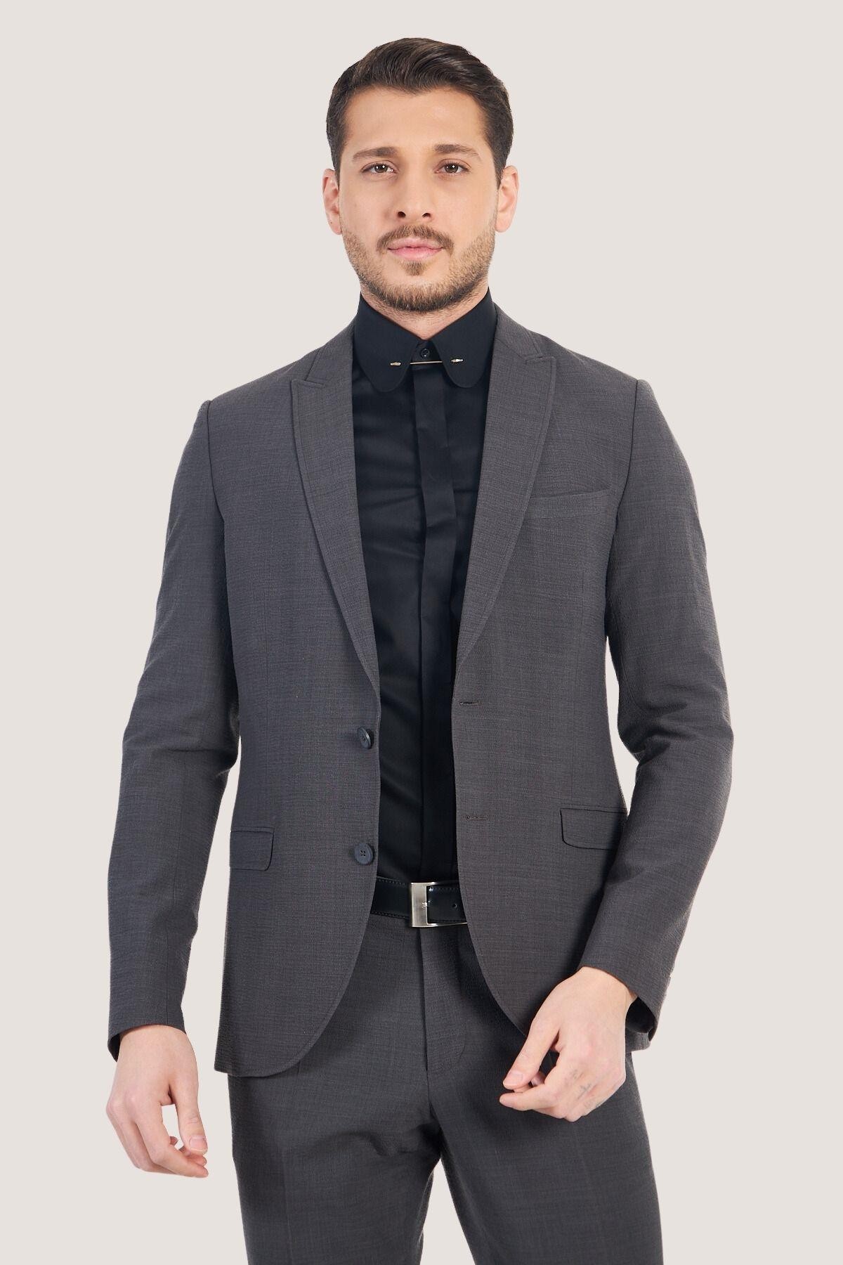 Bebe Yaka İğneli Slim Fit Gömlek - Siyah
