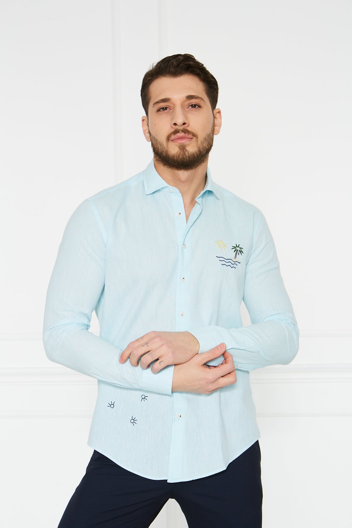 Keten Nakışlı Slim Fit Gömlek - Turkuaz