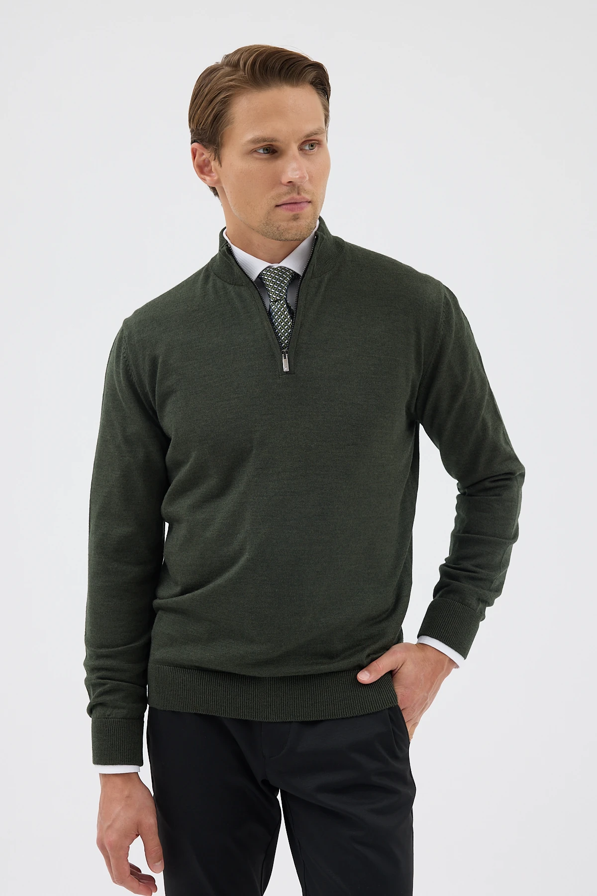 Yarım Balıkçı Fermuarlı Yünlü Triko Kazak - Haki