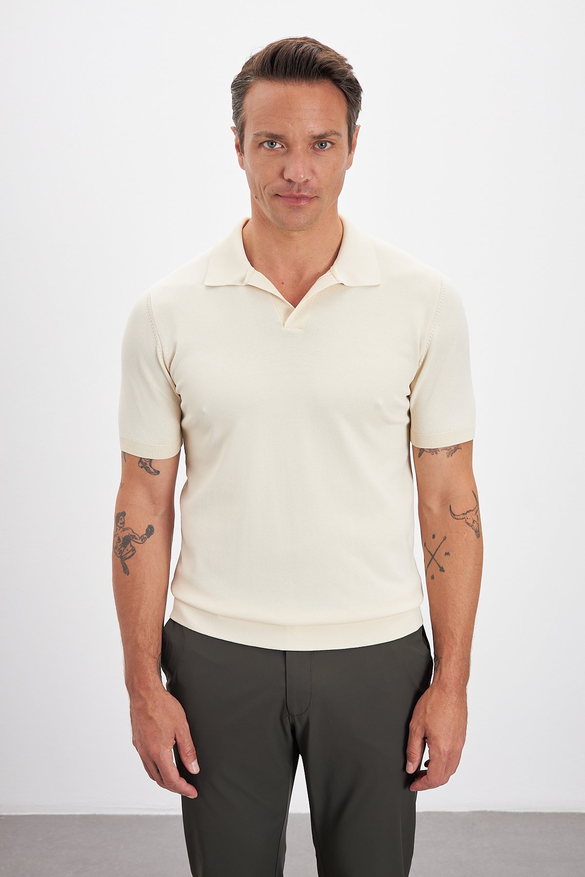 Polo Yaka Patlı Triko Erkek T-Shirt - Bej