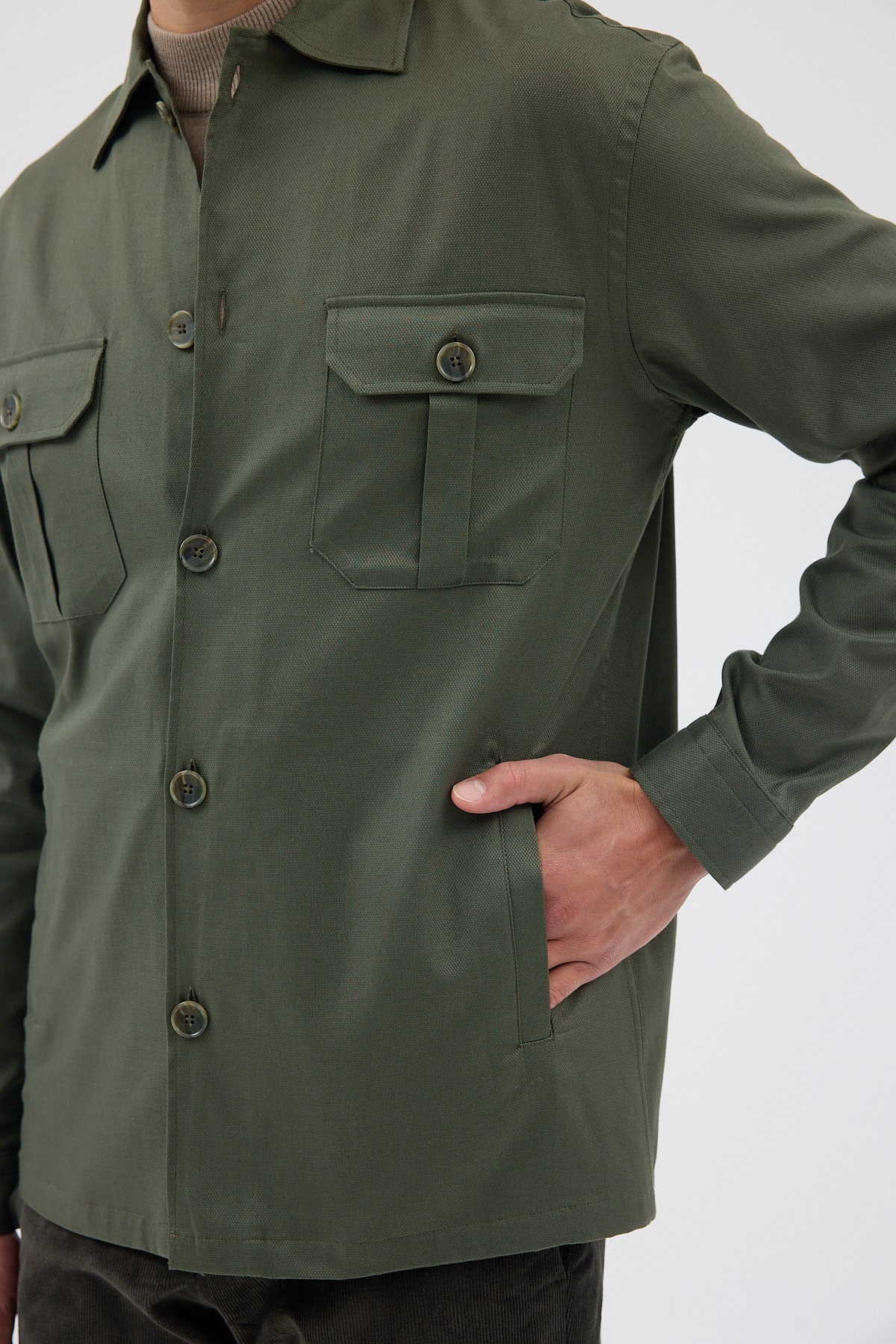 Haki Cepli Tailored Fit Erkek Gömlek Ceket