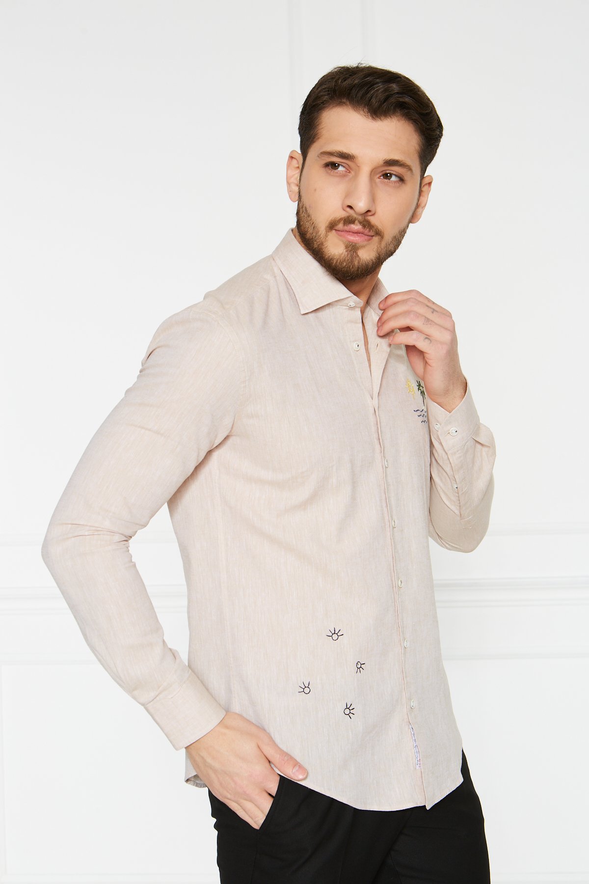 Keten Nakışlı Slim Fit Gömlek - Bej