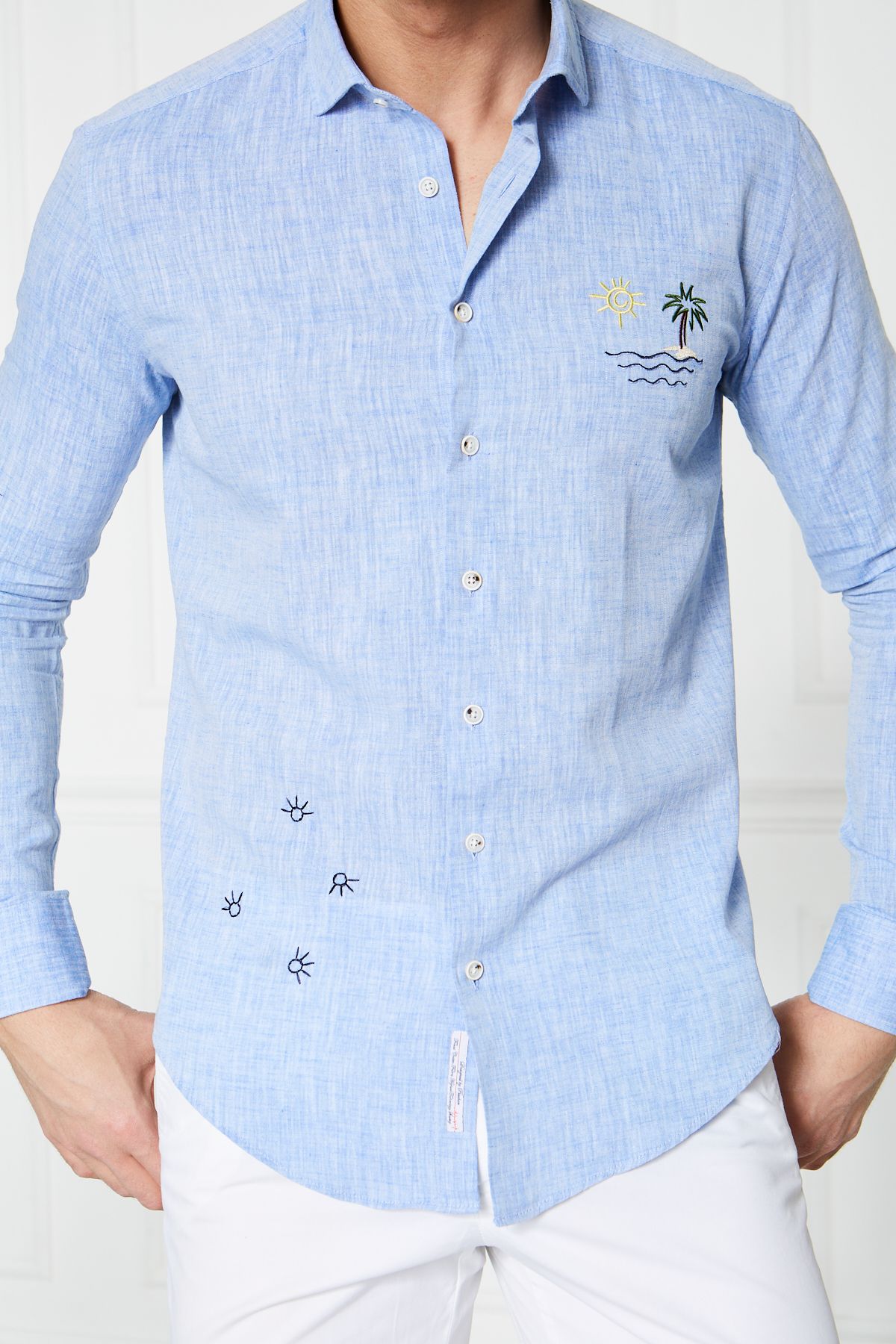 Keten Nakışlı Slim Fit Gömlek - Mavi