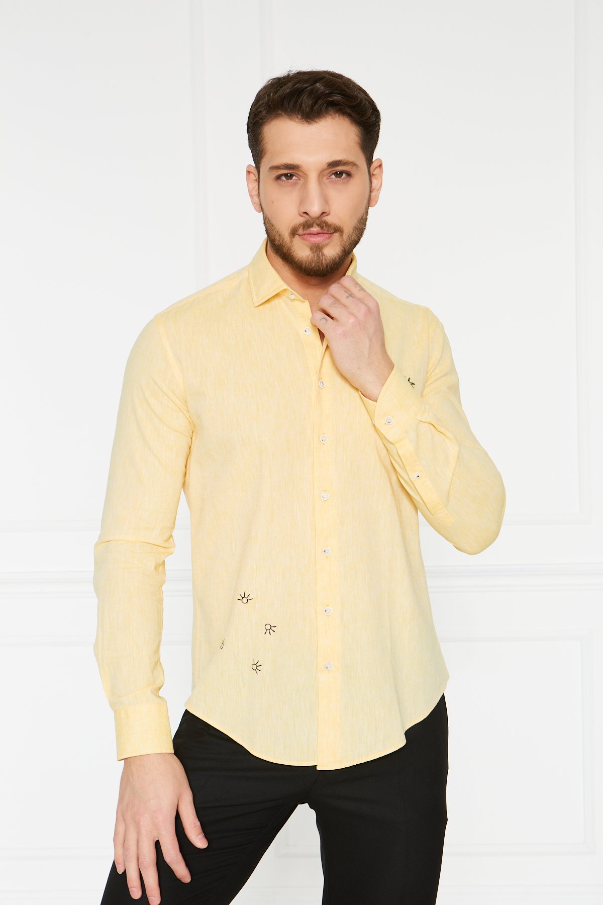 Keten Nakışlı Slim Fit Gömlek - Sarı