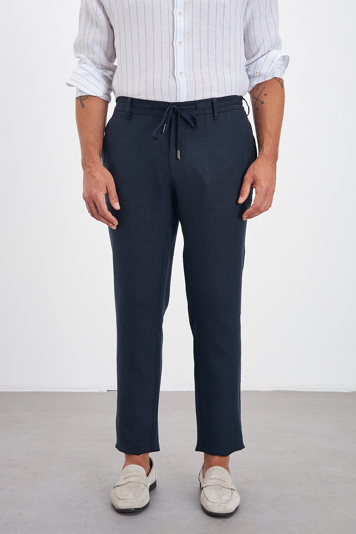 100% Keten Jogger Erkek Pantolon - Lacivert