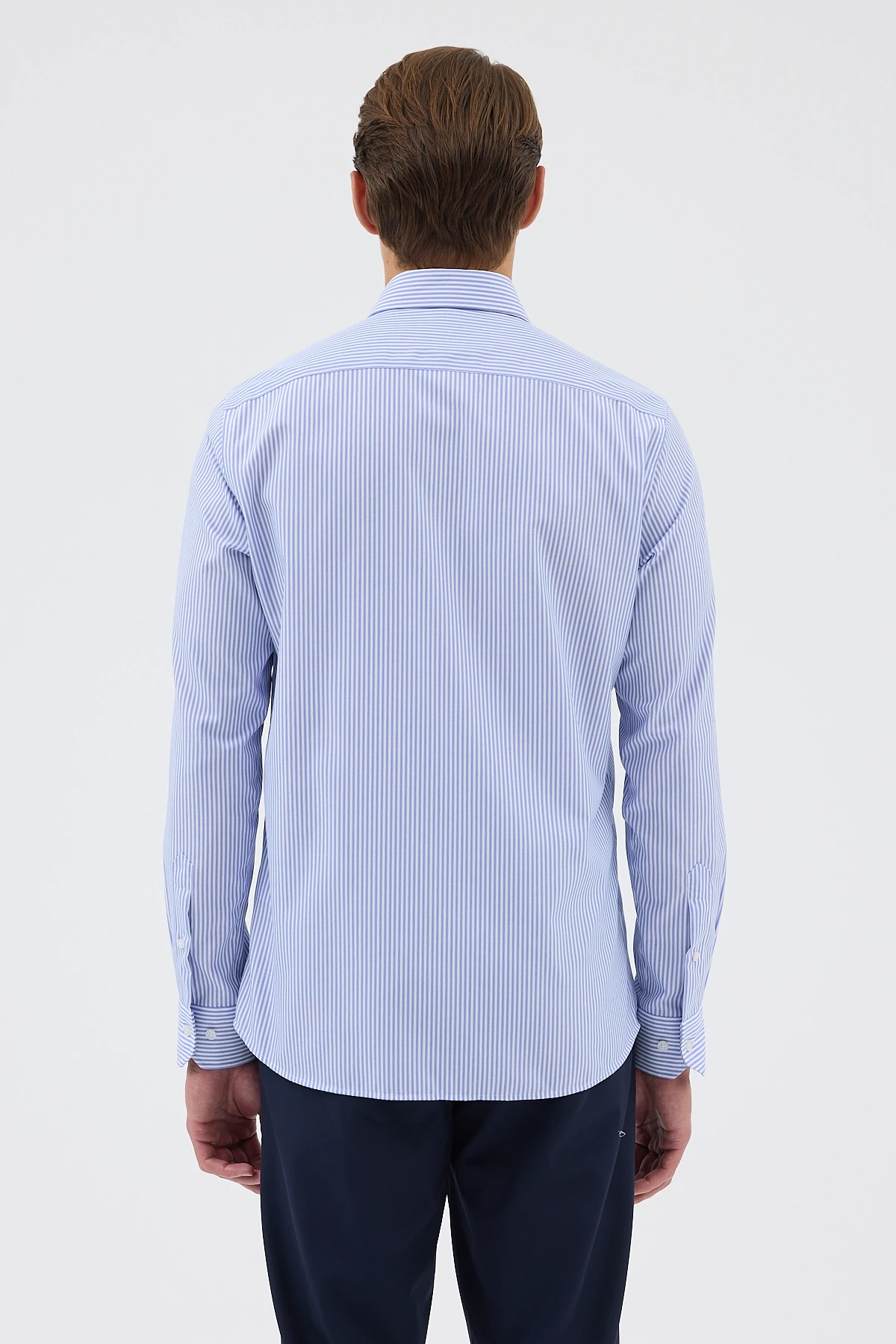 Non Iron Koyu Mavi Çizgili %100 Pamuk Comfort Fit Gömlek