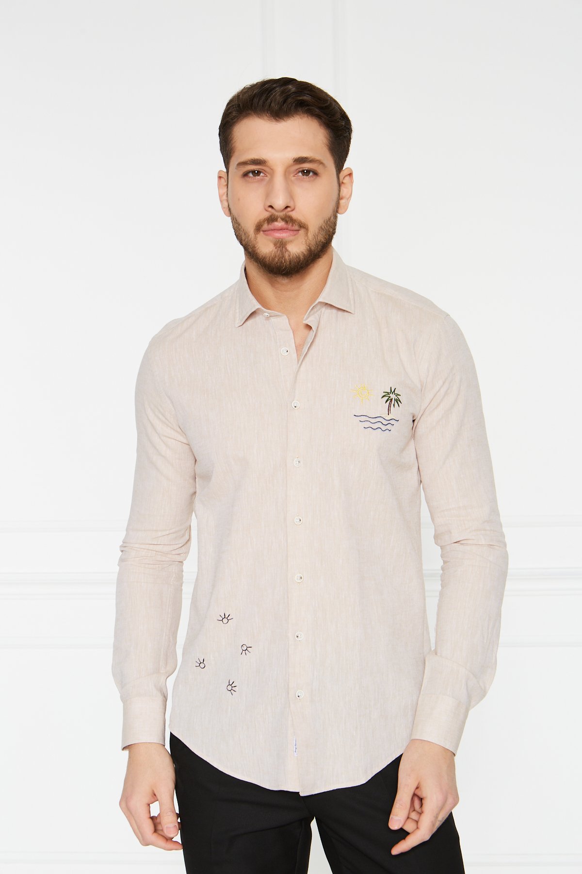 Keten Nakışlı Slim Fit Gömlek - Bej