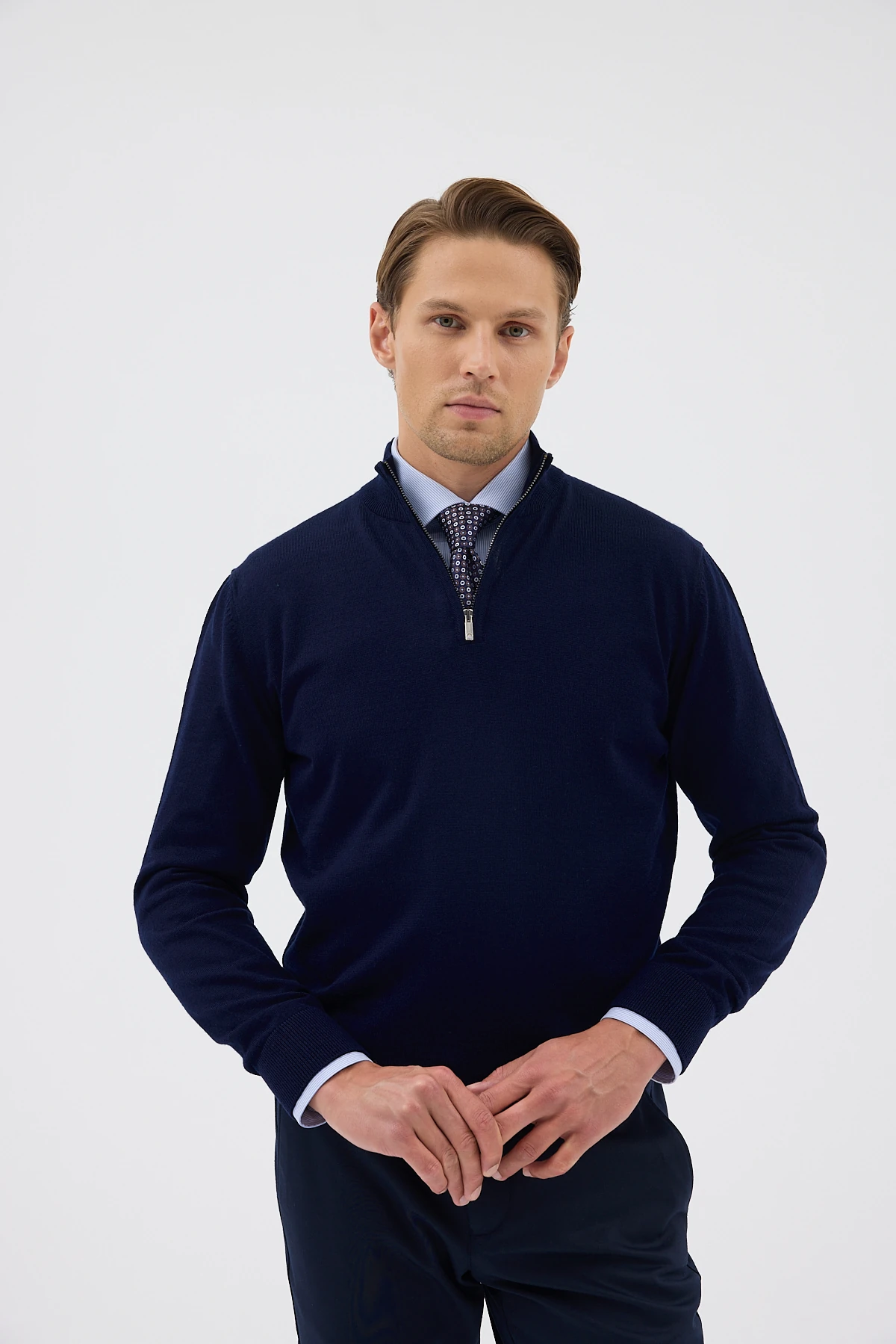 Yarım Balıkçı Fermuarlı Yünlü Triko Kazak - Lacivert