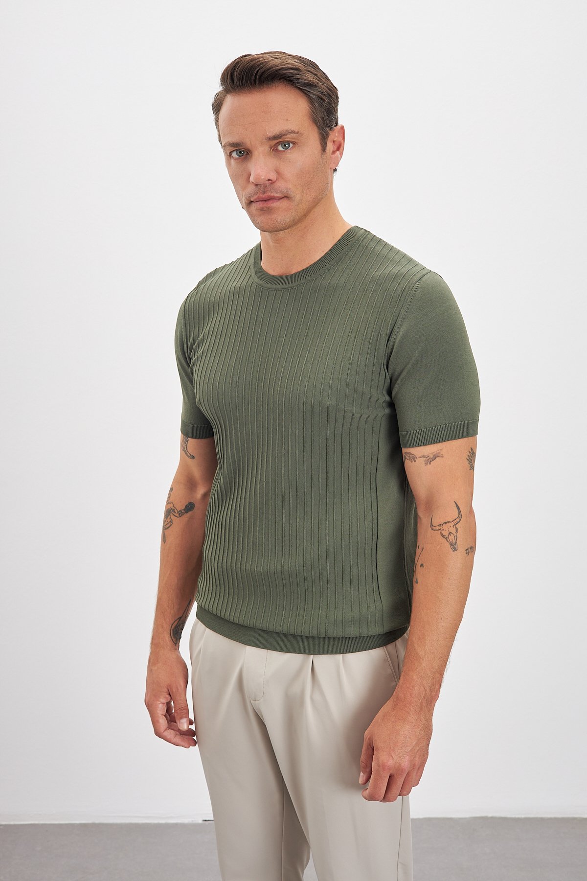 Çizgili Desenli Bisiklet Yaka Triko Erkek T-Shirt - Haki