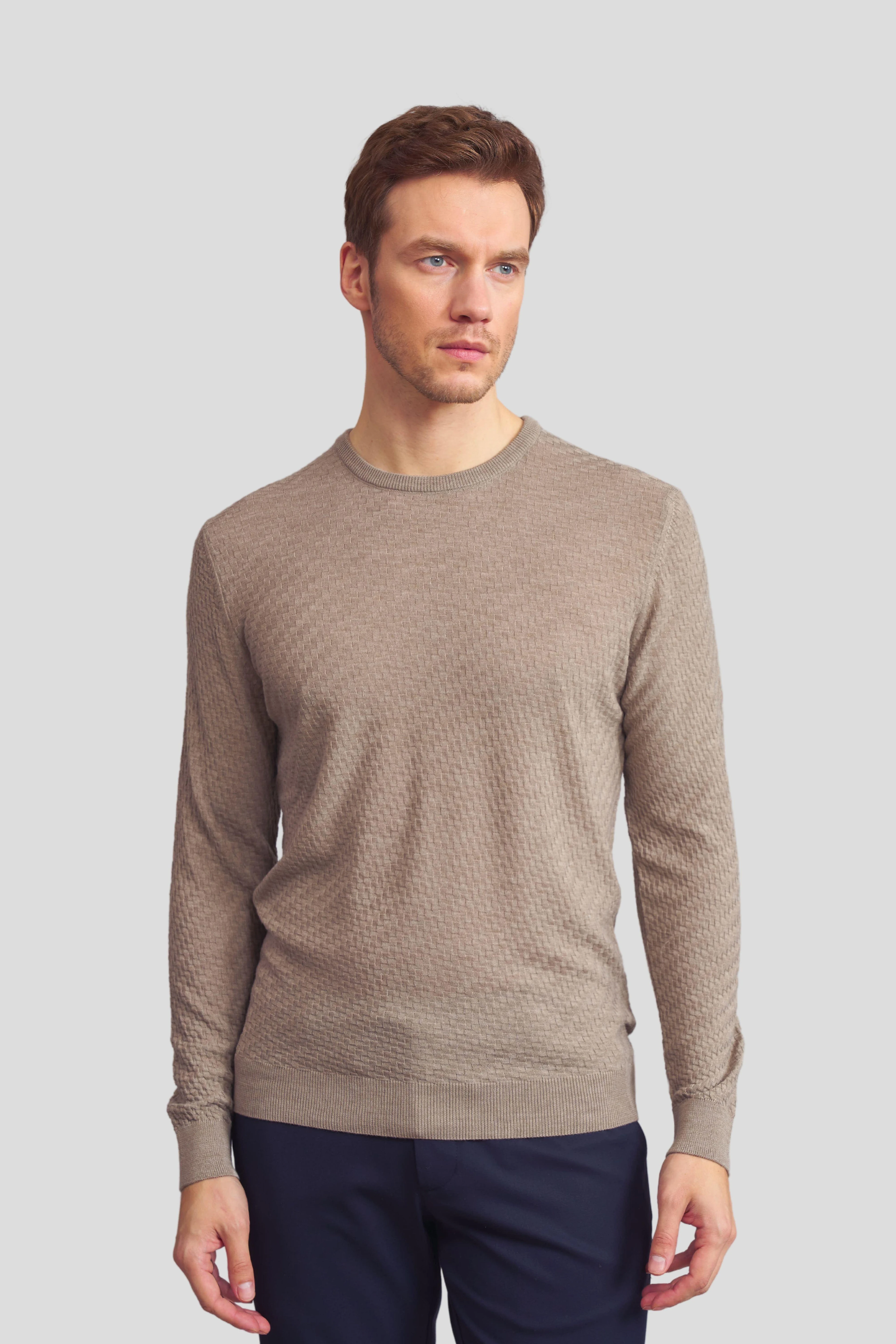 Örgü Desenli Yün Erkek Kazak - Petrol