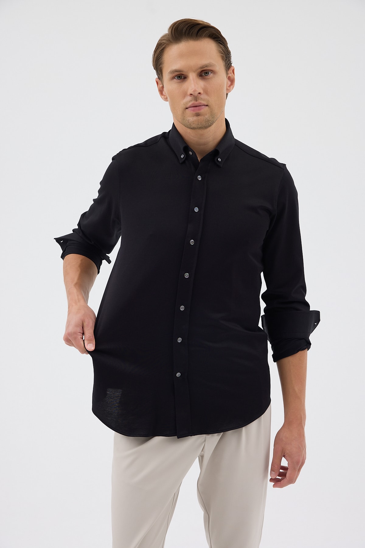 Örme %100 Pamuk Comfort Fit Erkek Gömlek - Siyah