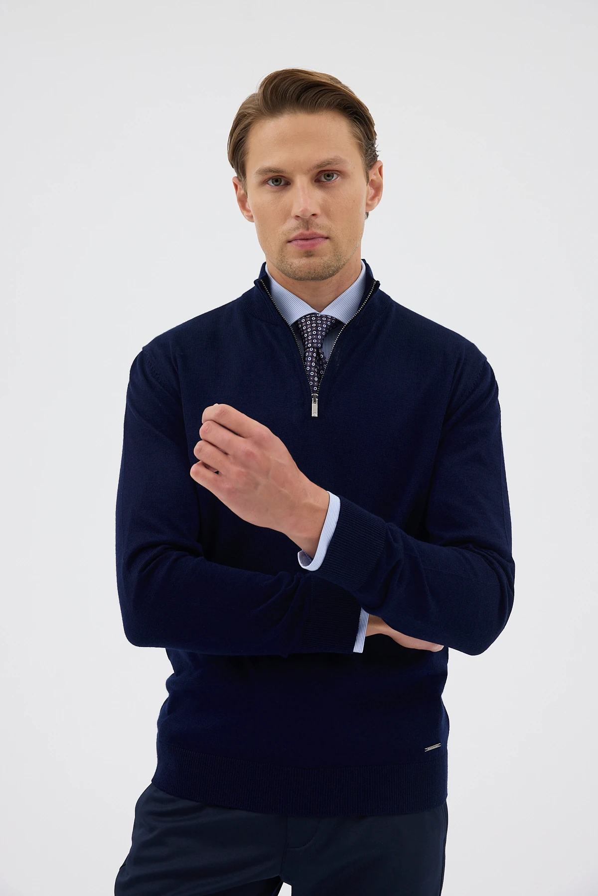 Yarım Balıkçı Fermuarlı Yünlü Triko Kazak - Lacivert