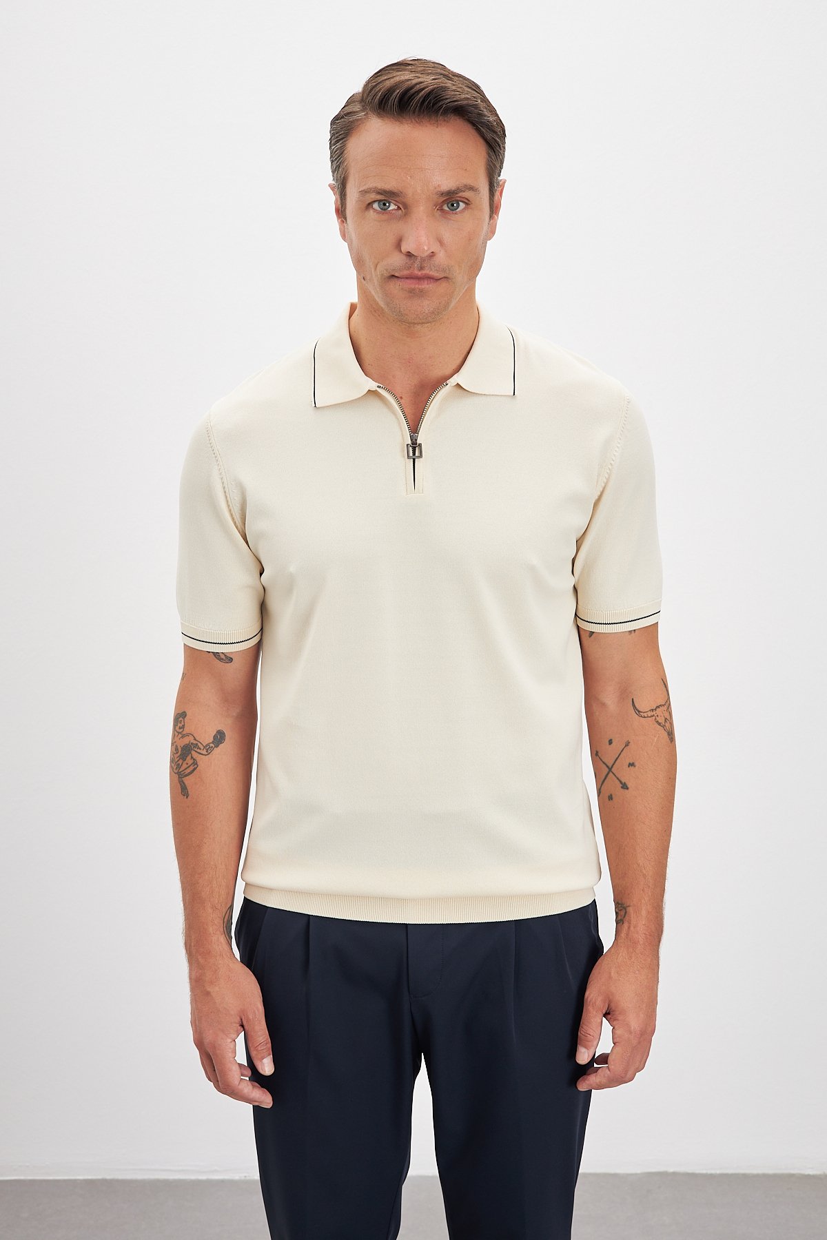 Polo Yaka Fermuarlı Triko Erkek T-Shirt - Bej