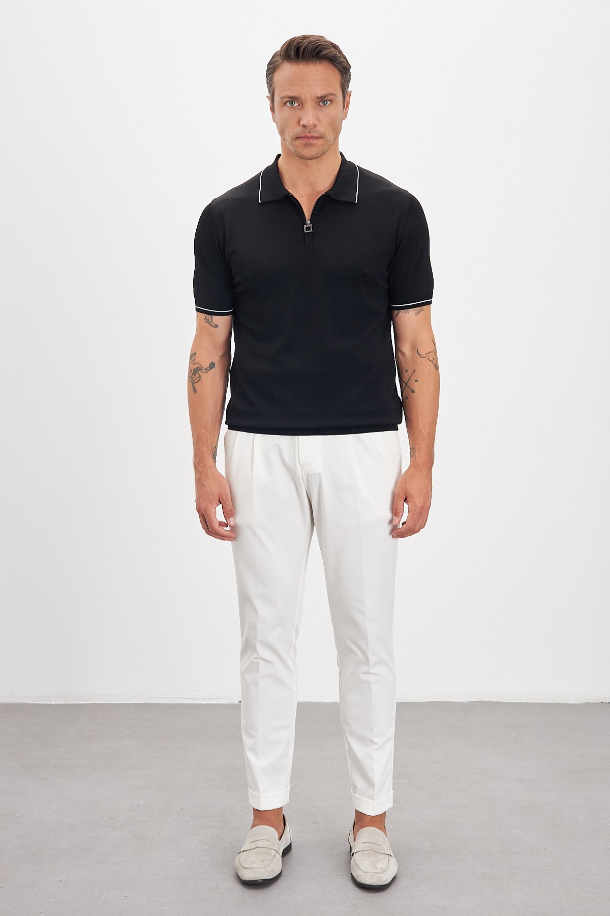 Polo Yaka Fermuarlı Triko Erkek T-Shirt - Siyah