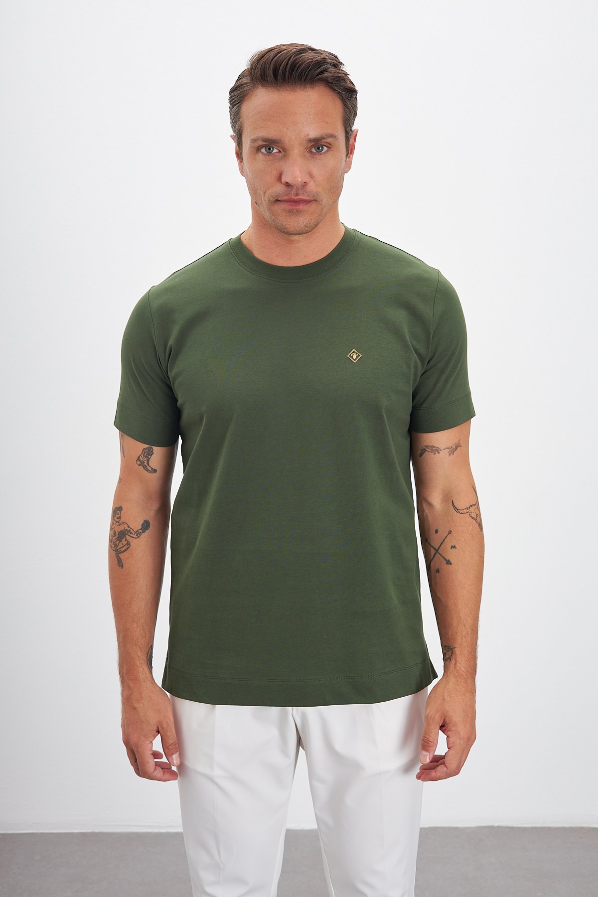 Bisiklet Yaka Basic %100 Pamuk Comfort Fit Logo Baskılı Erkek T-Shirt - Haki