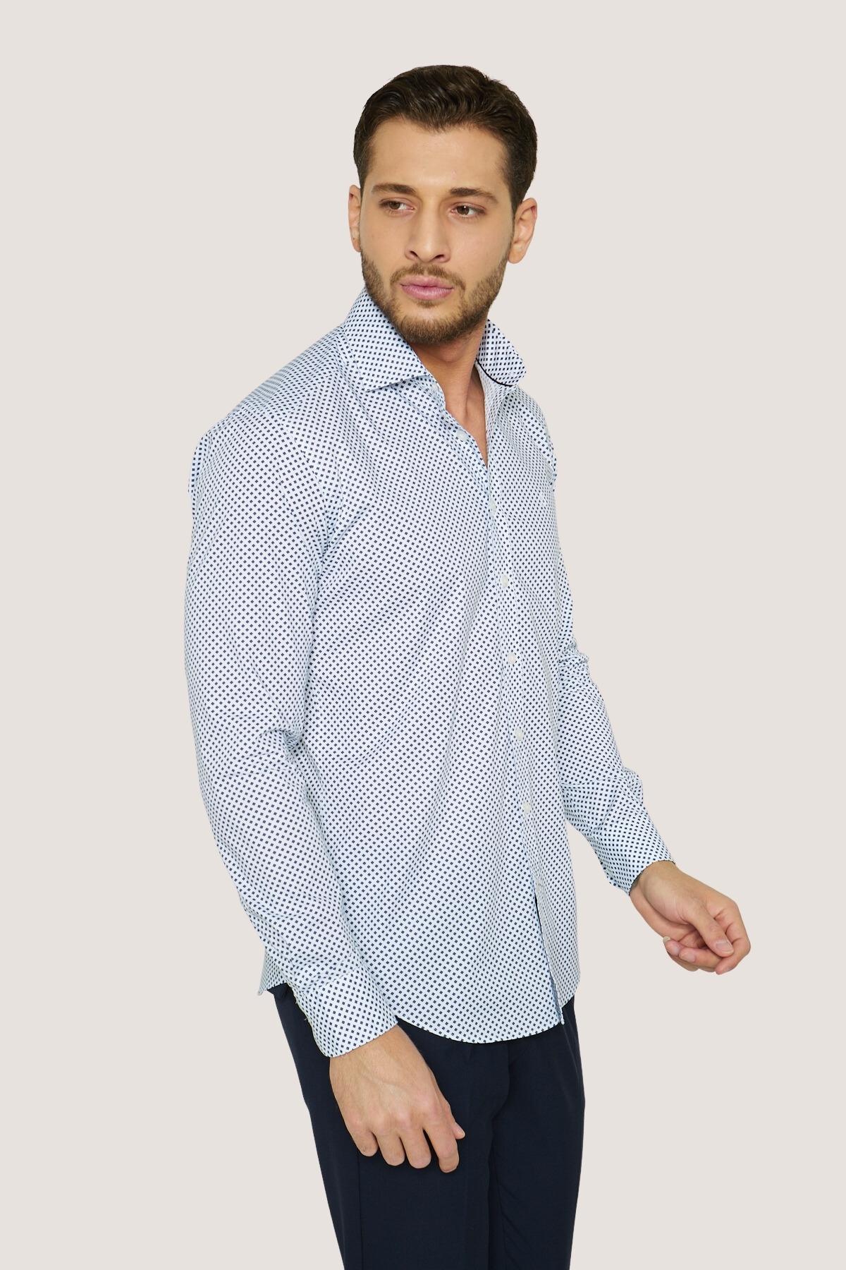 Desenli Nakışlı Slim Fit Gömlek - Beyaz-Lacivert