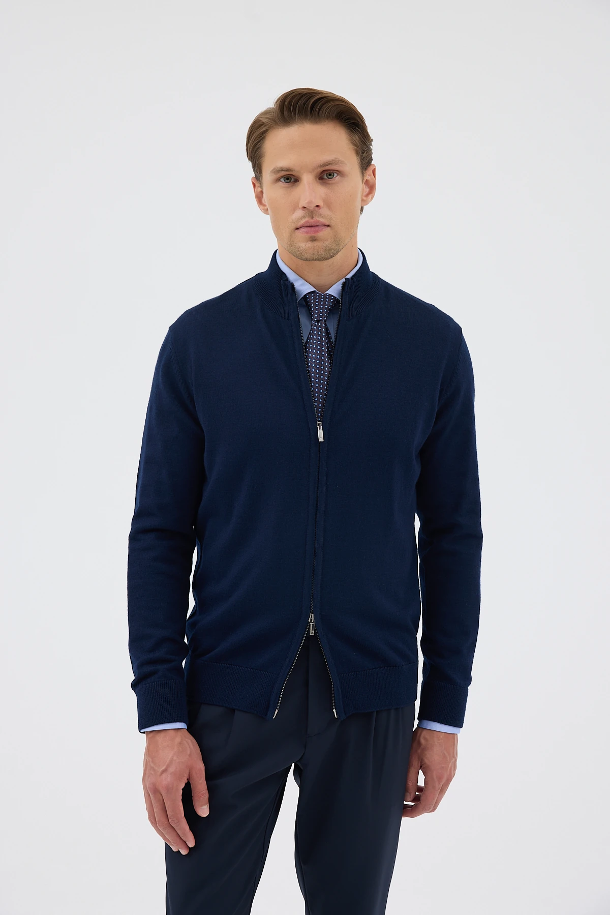 Çift Fermuarlı Yünlü Triko Hırka - Lacivert