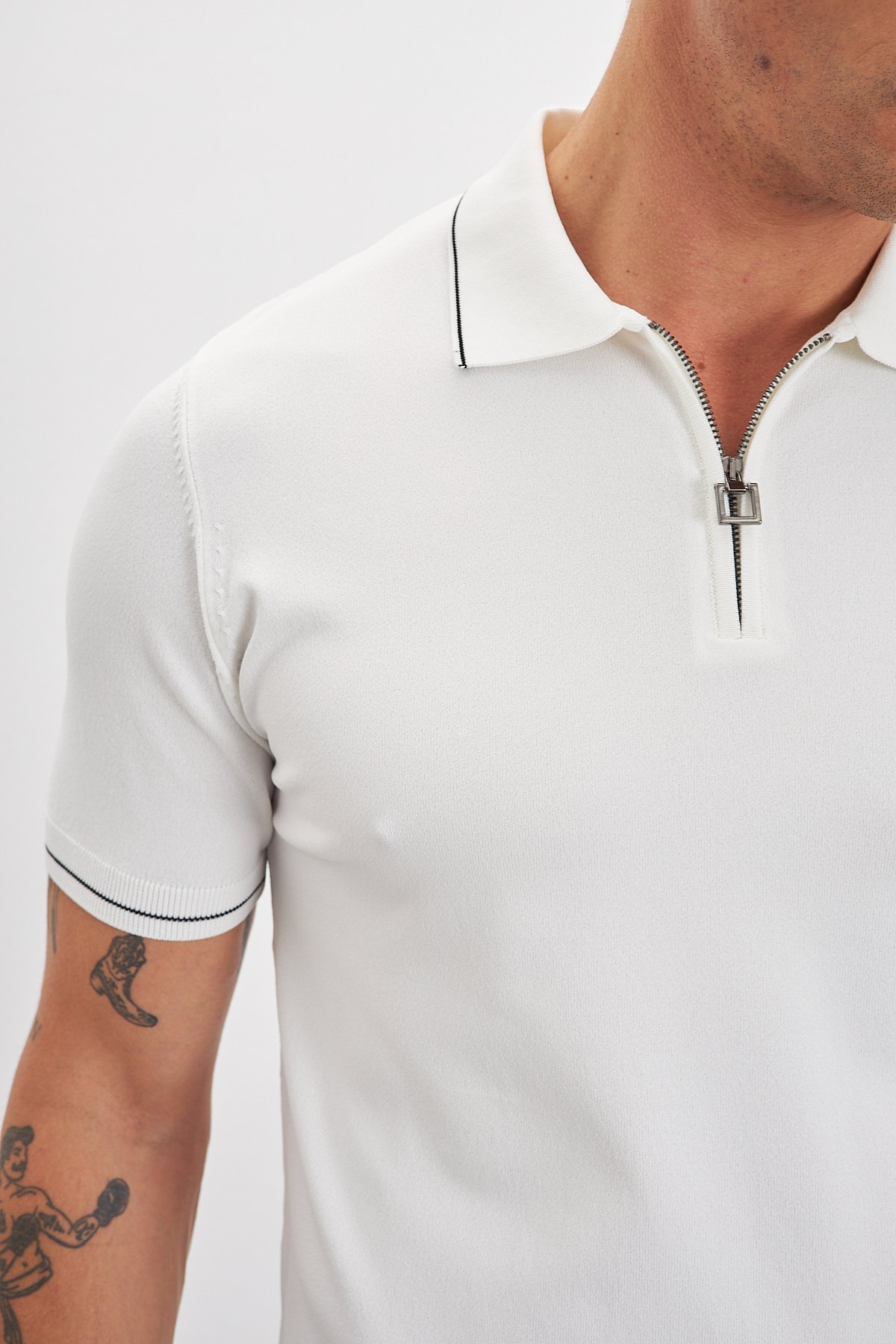 Polo Yaka Fermuarlı Triko Erkek T-Shirt - Açık Bej
