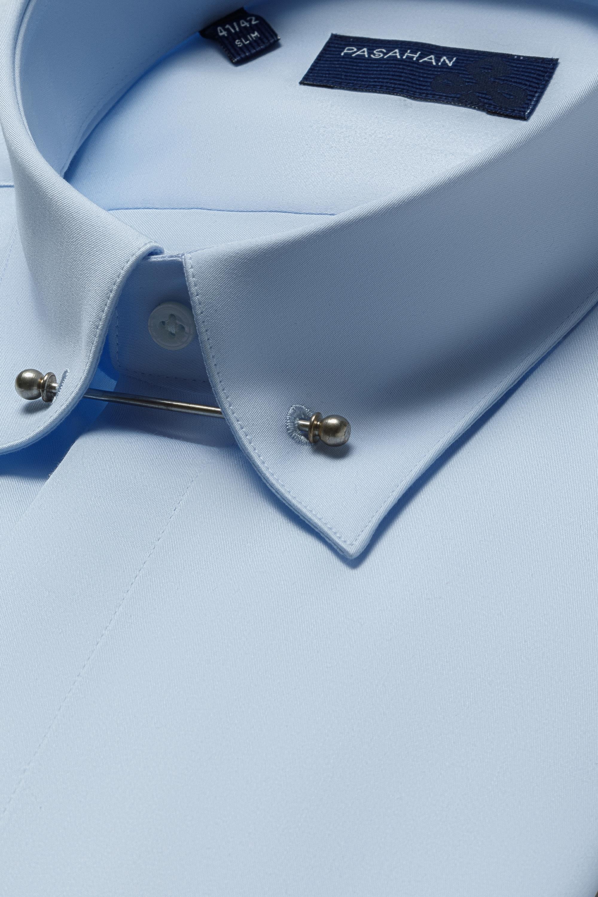 Yaka İğneli Slim Fit Gömlek - Açık Mavi