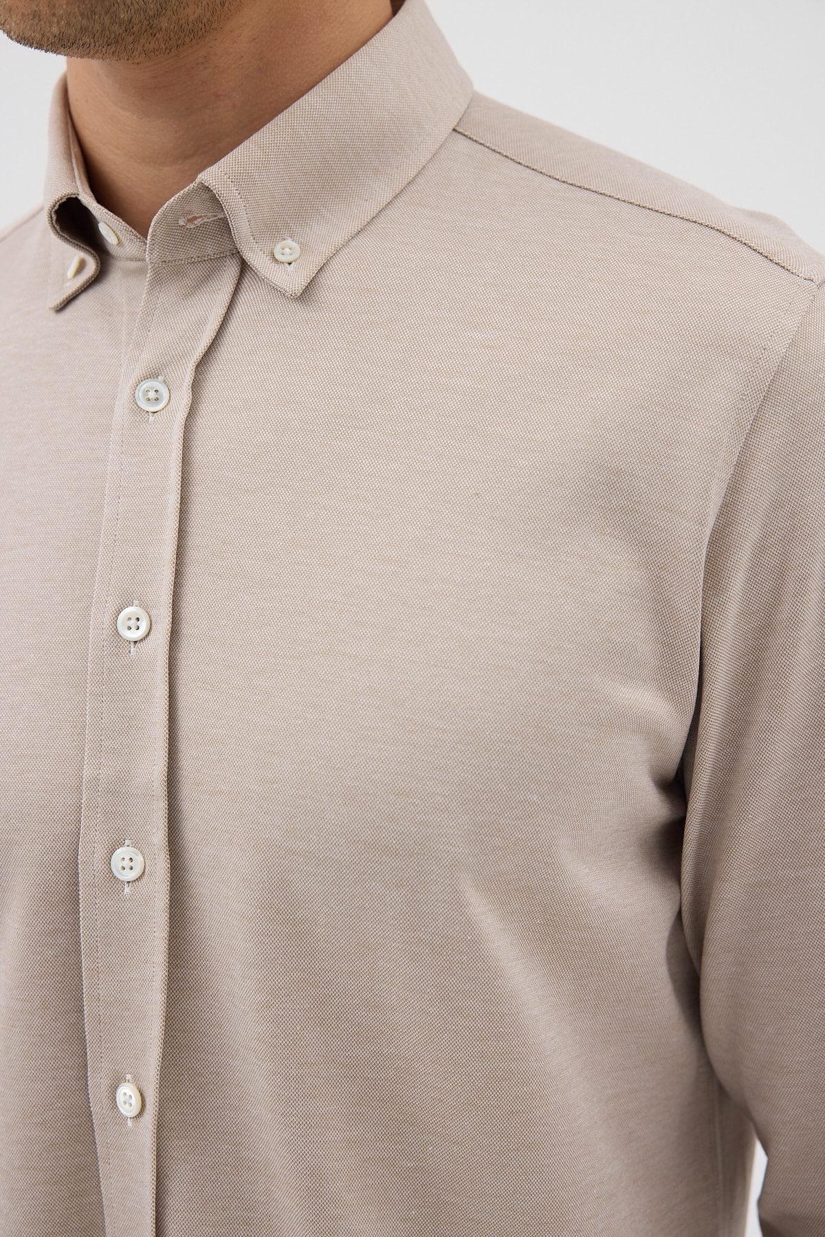 Örme %100 Pamuk Comfort Fit Erkek Gömlek - Bej