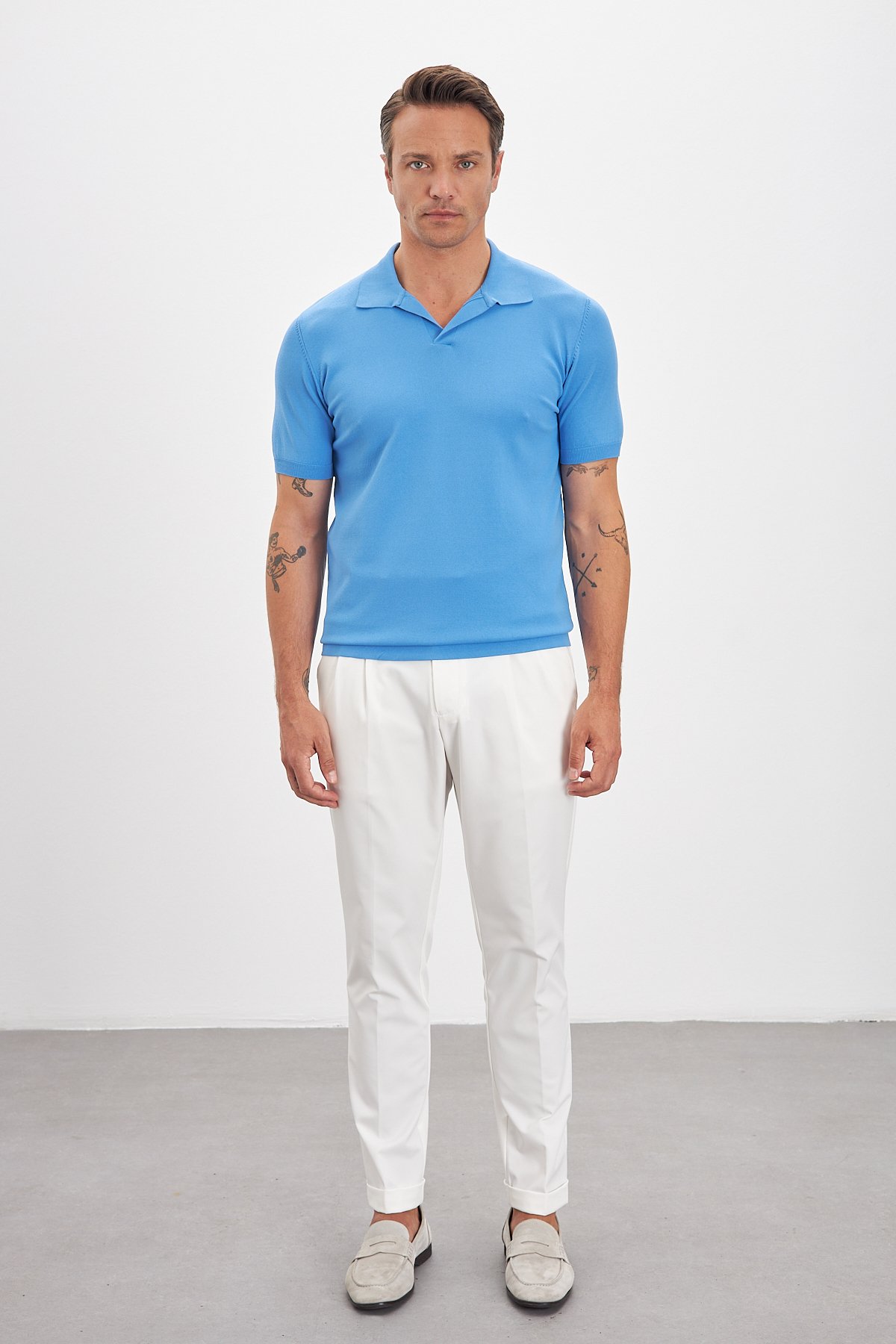 Polo Yaka Patlı Triko Erkek T-Shirt - Mavi