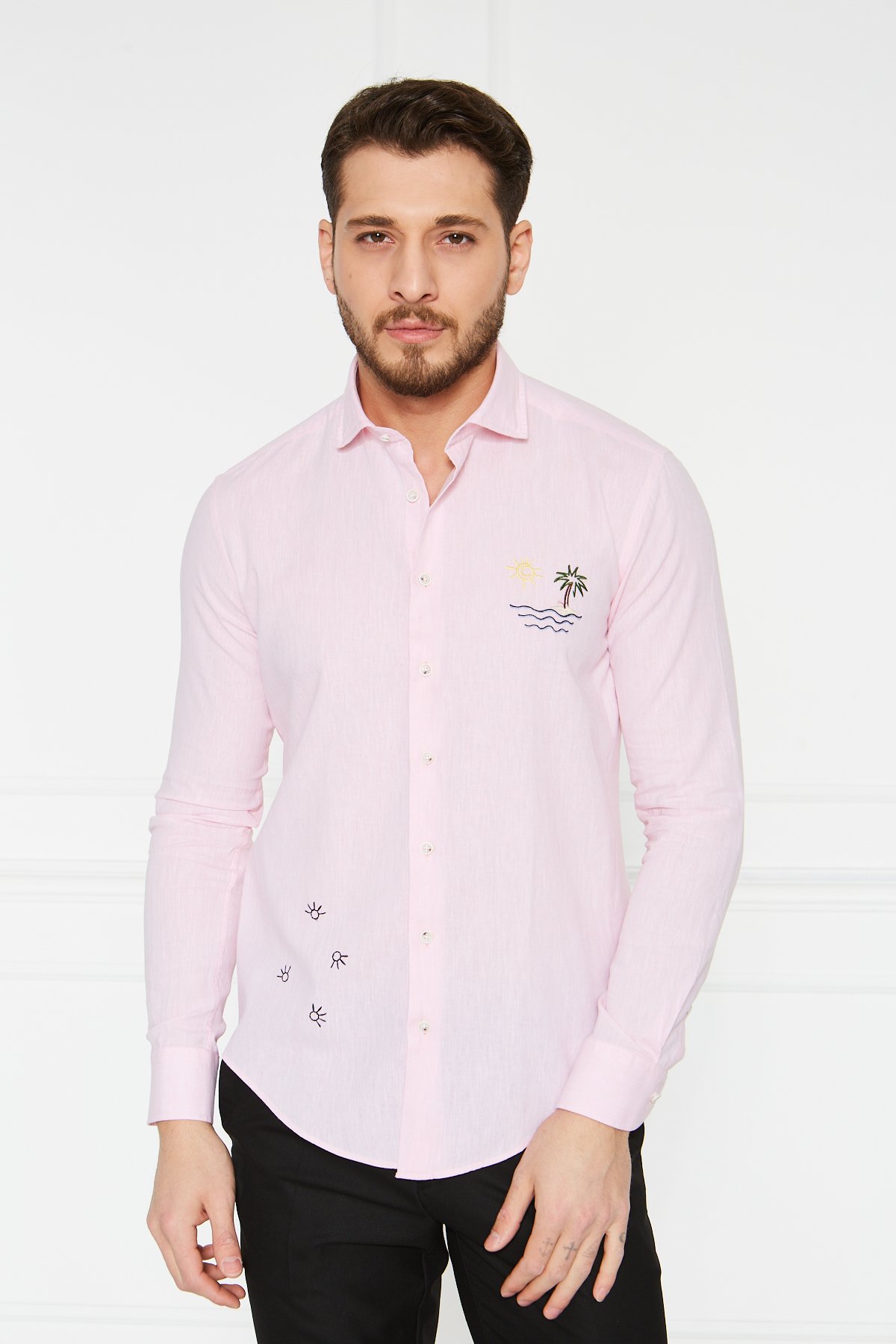 Keten Nakışlı Slim Fit Gömlek - Pembe