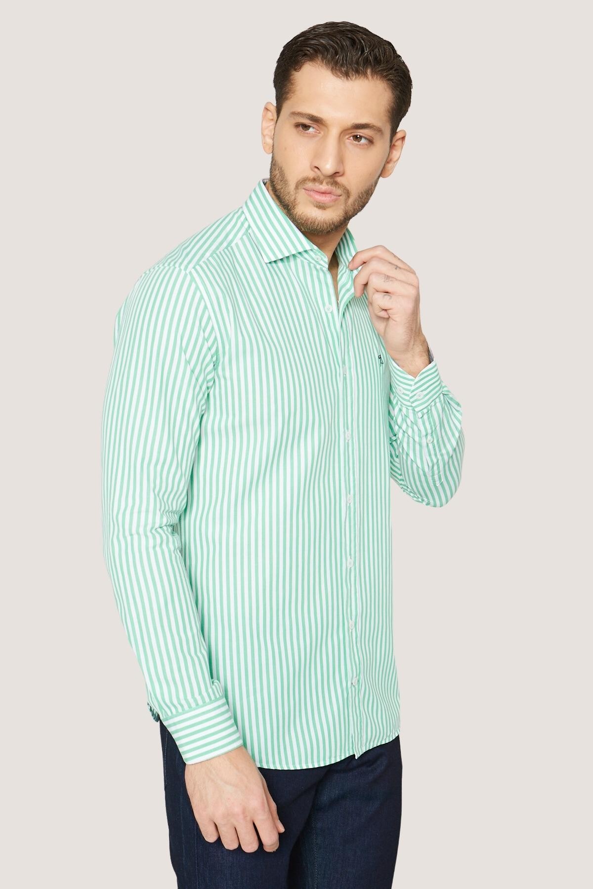 Çizgili Spor Gömlek Slim Fit - Yeşil-Beyaz
