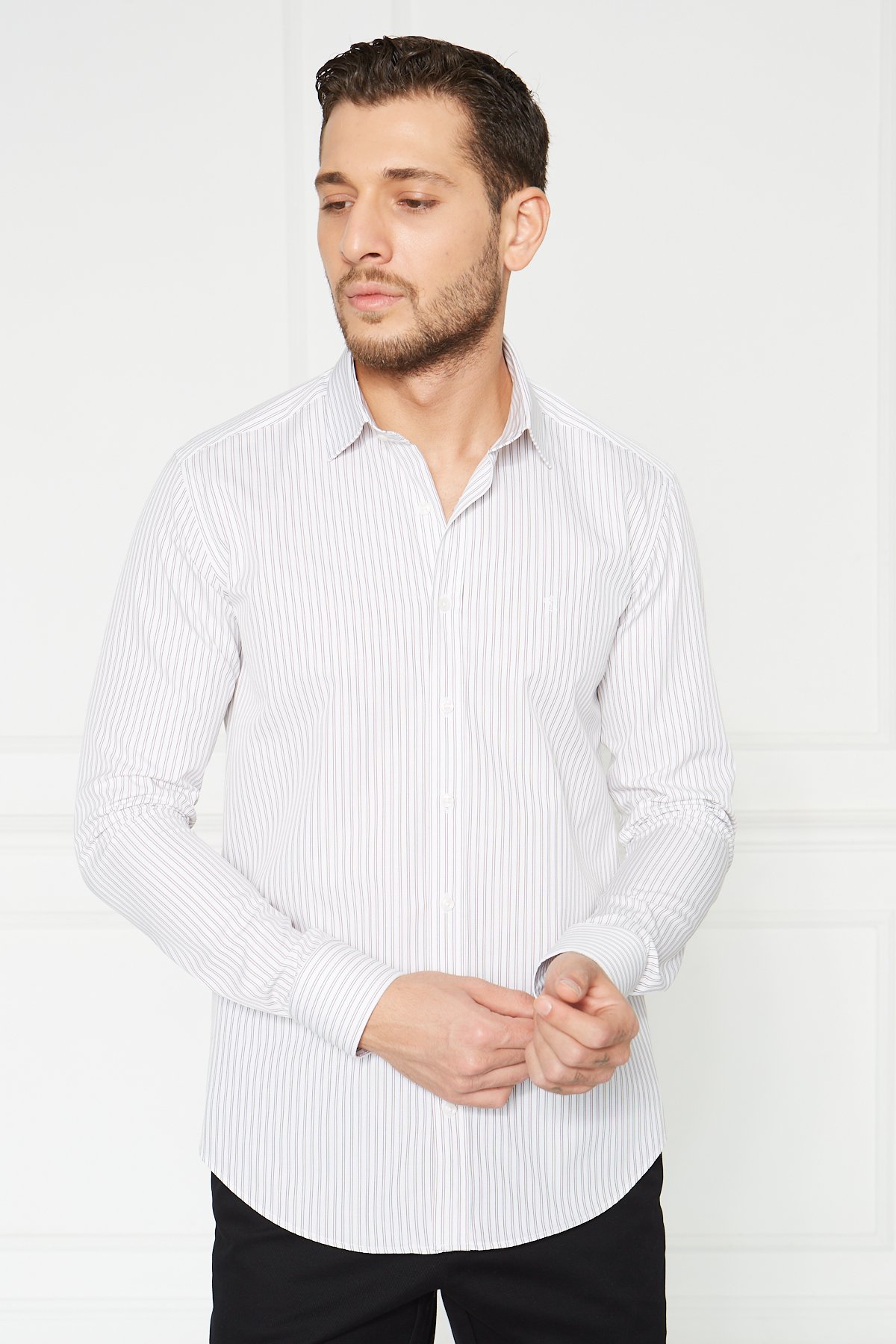 Slim Fit Klasik Gömlek - Beyaz-Kahve